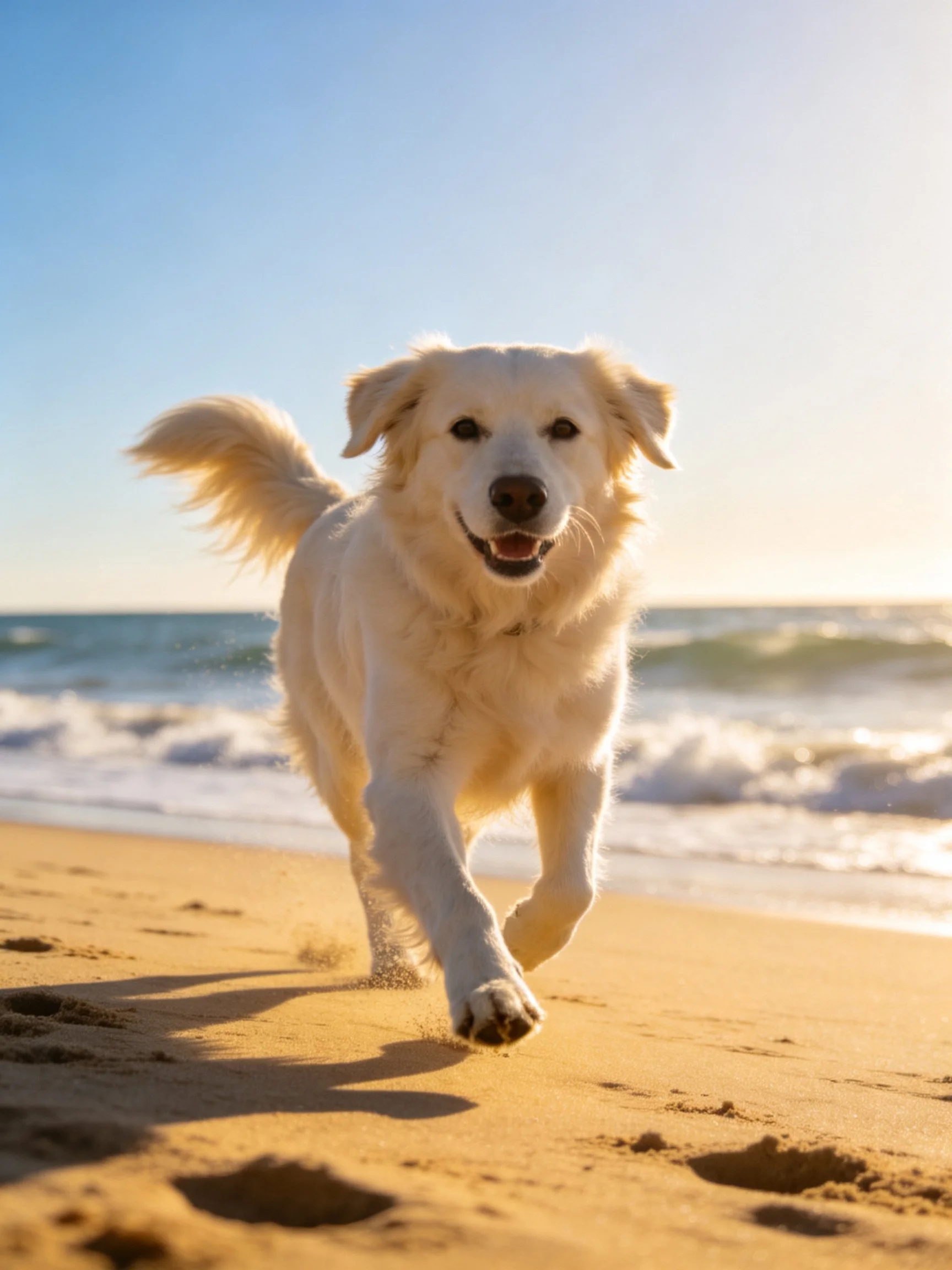 A white dog runs happily on a sunny sandy beach near the ocean.