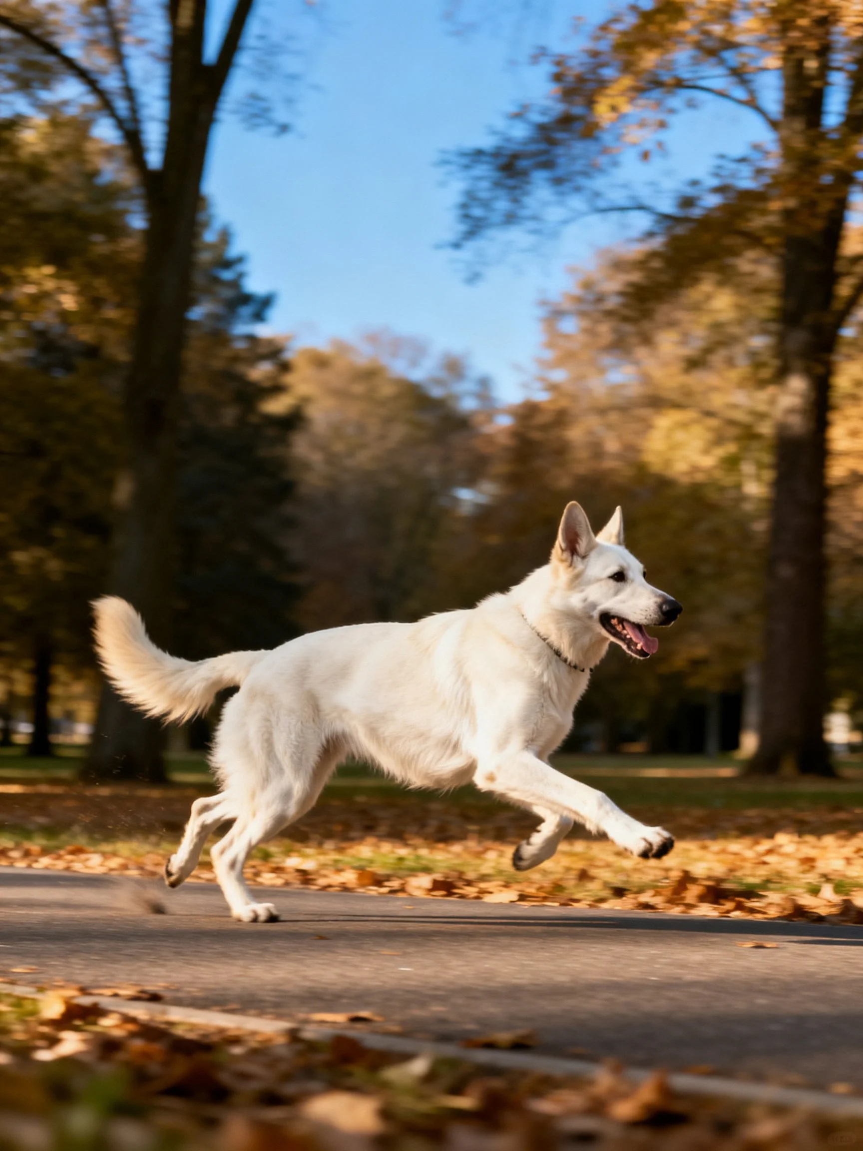A white dog runs energetically along a leaf-strewn path in an autumn park.