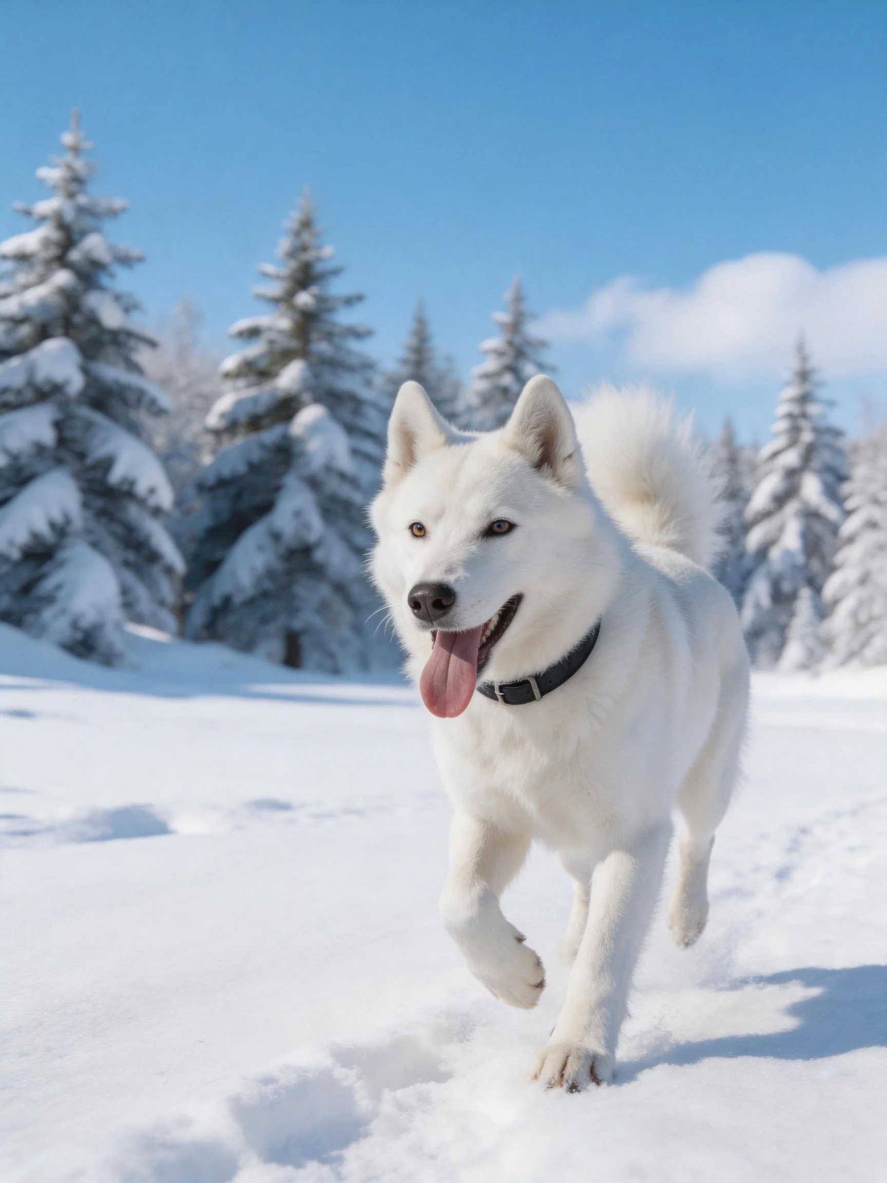 A white dog joyfully runs through a snowy landscape with snow-covered trees