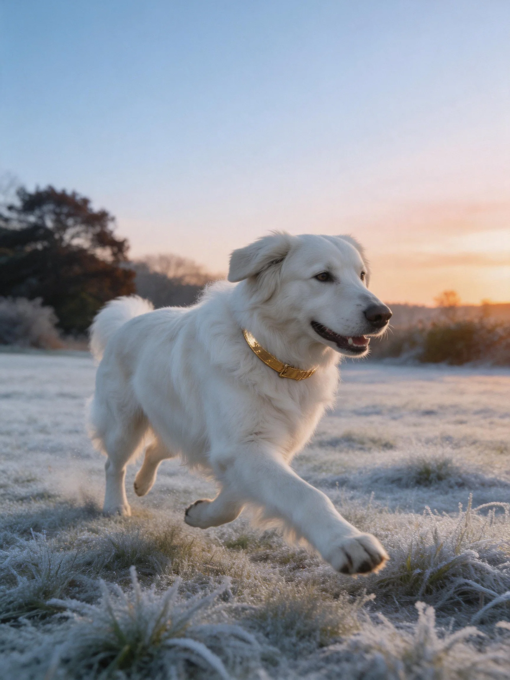 A white dog joyfully runs across frosty grass at sunrise.