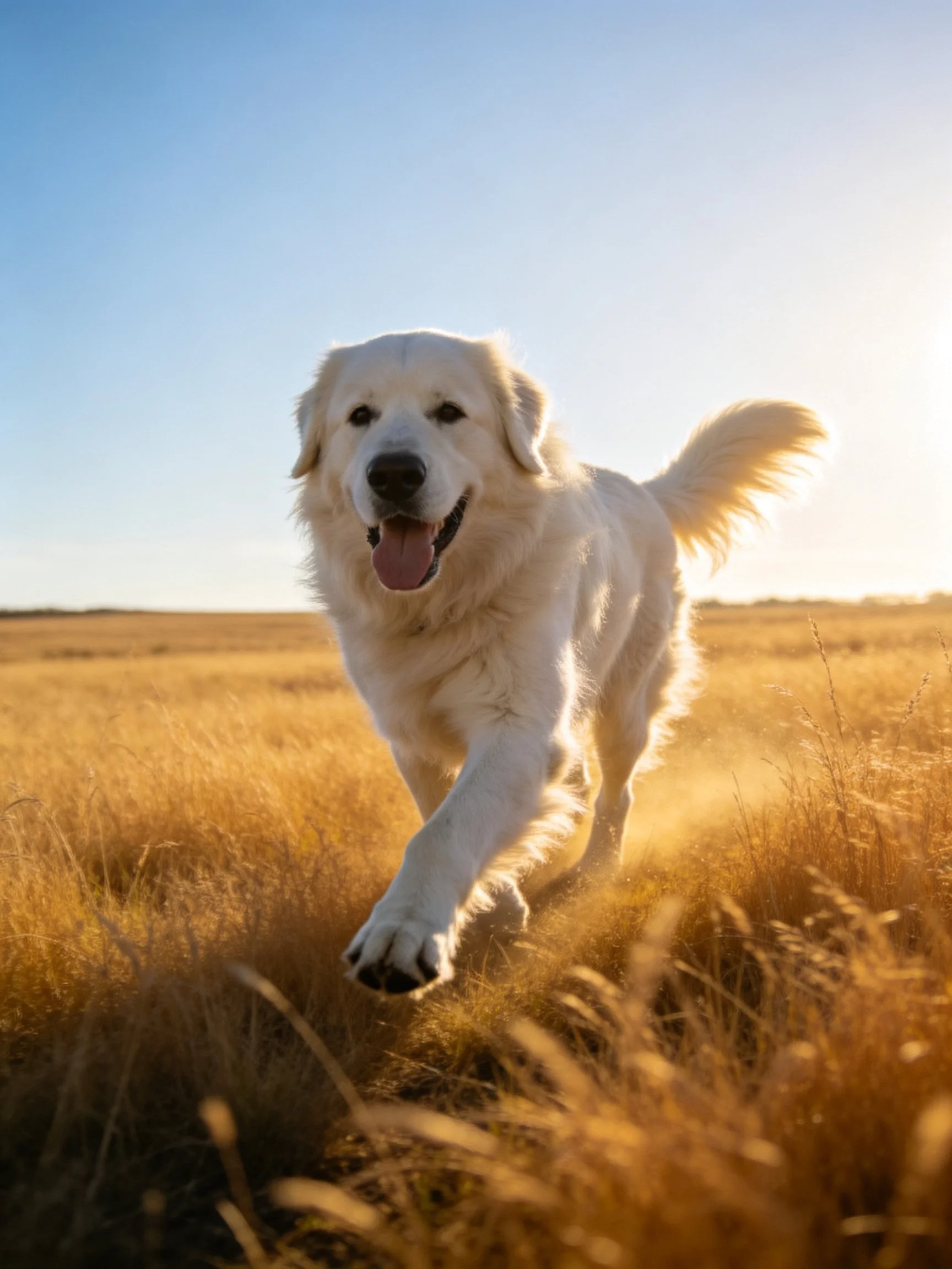 A white dog joyfully runs through golden grass in a sunlit open field.