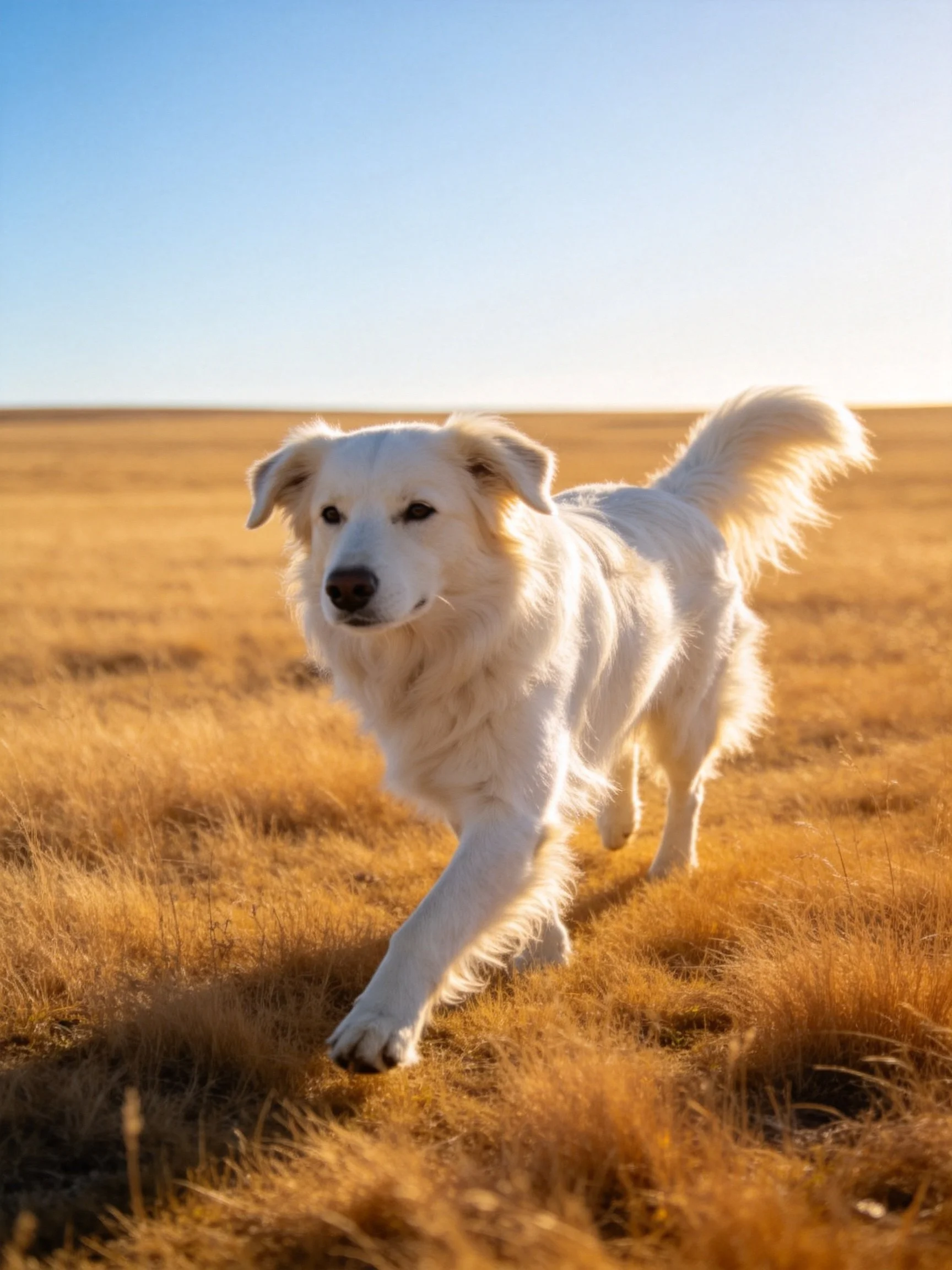 A white dog runs through golden grasslands under a clear blue sky.