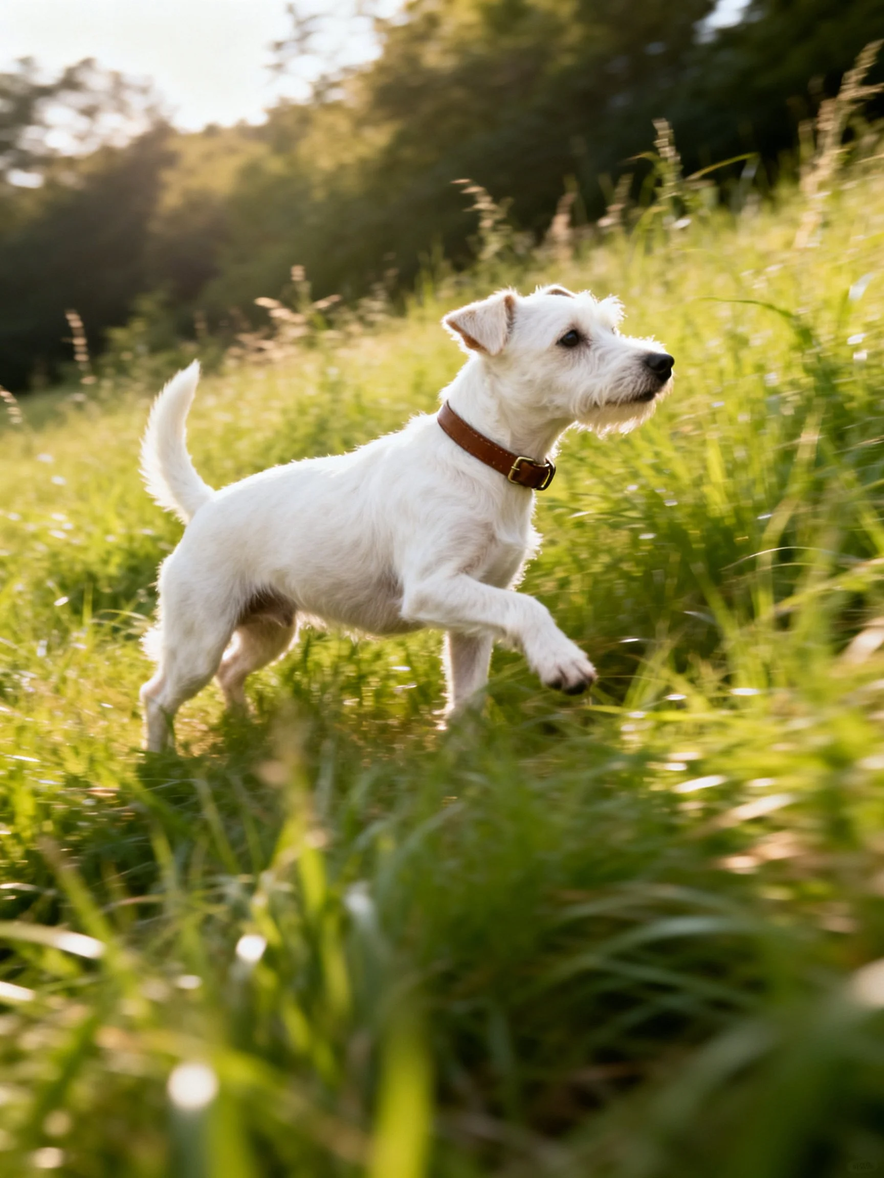 A white dog dashes through tall grass in a sunlit outdoor setting.