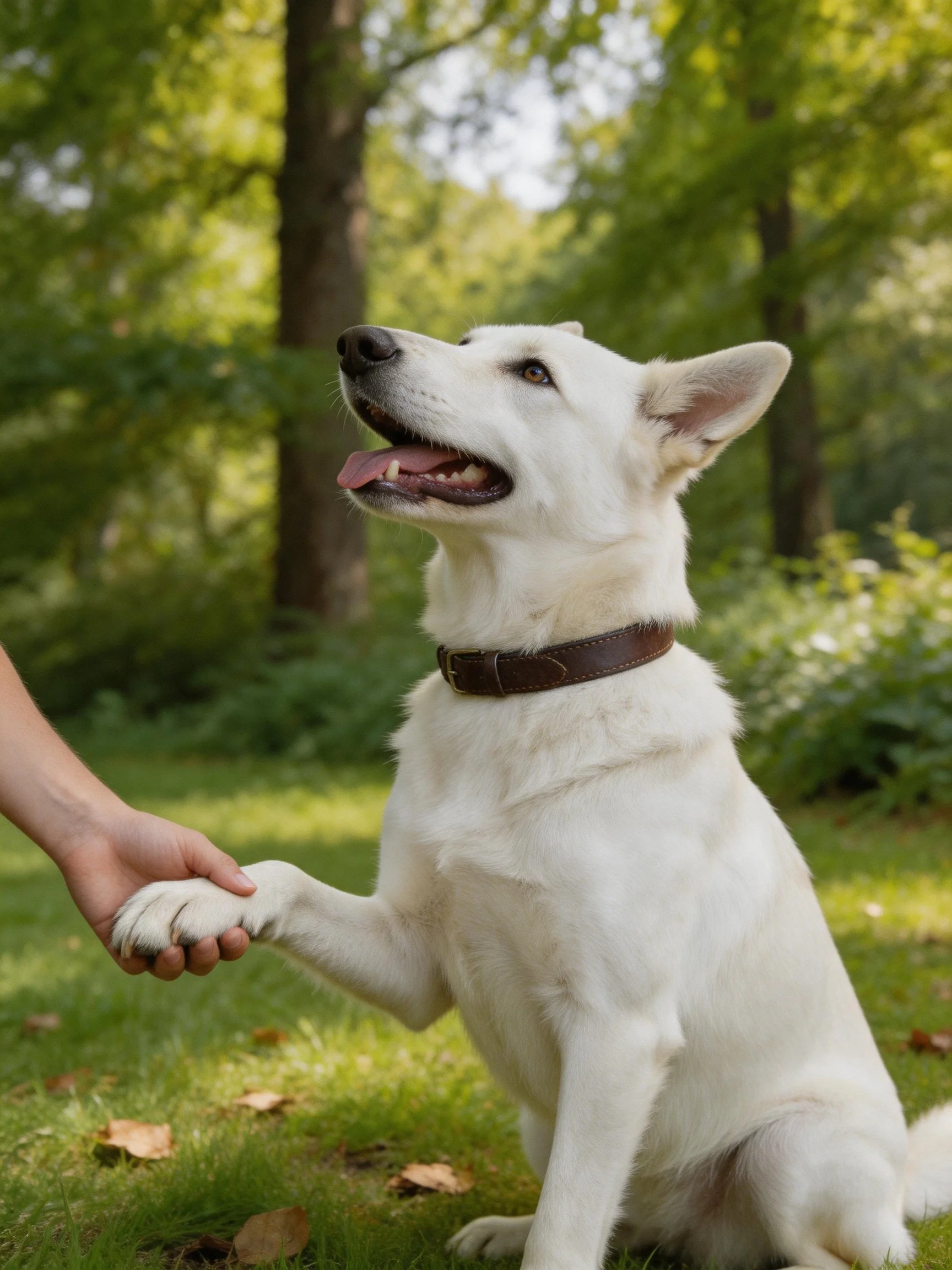 A white dog shakes a human’s paw in a sunlit natural setting.