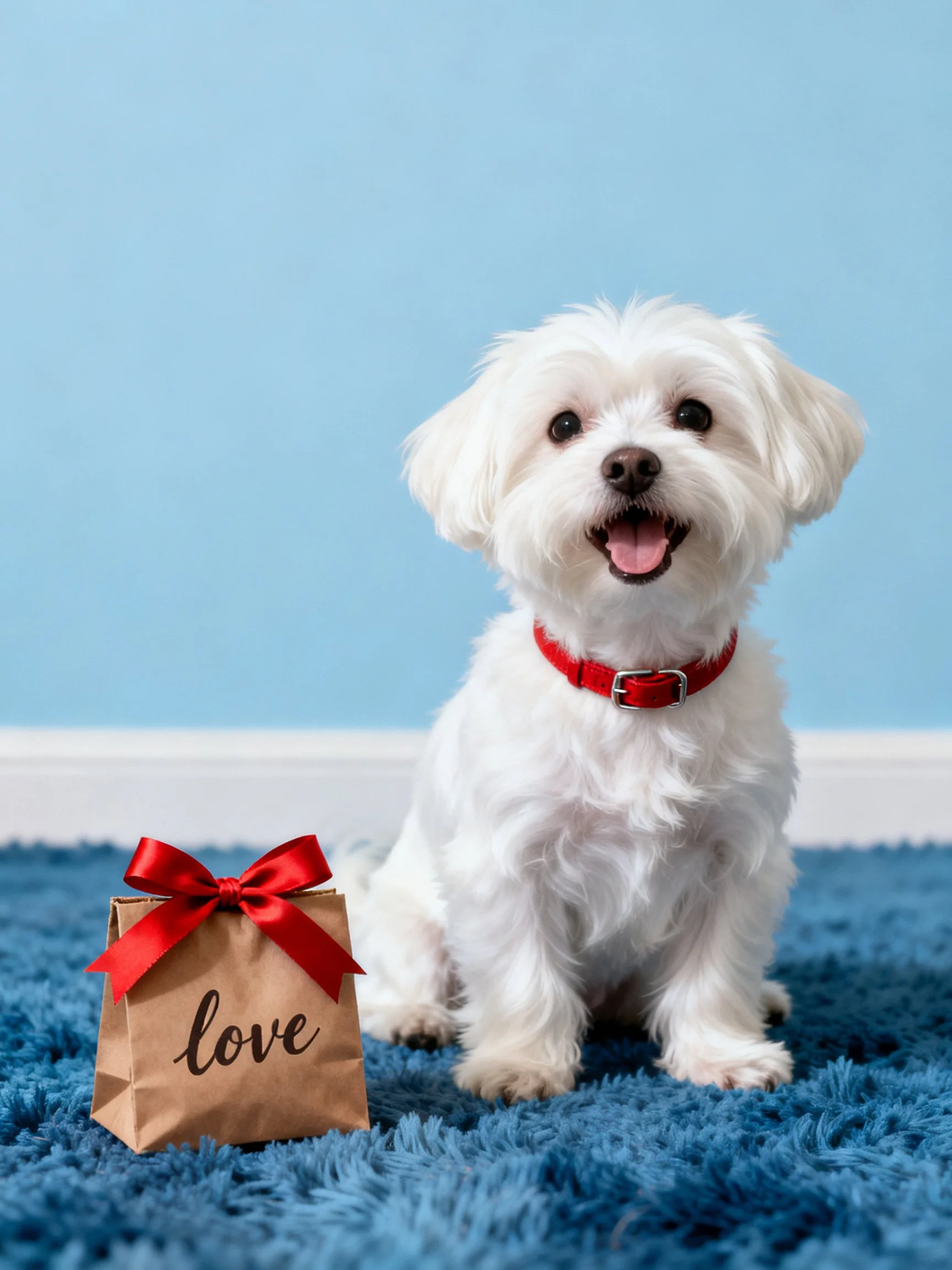 A white dog sits next to a brown gift bag marked love on a blue carpet.
