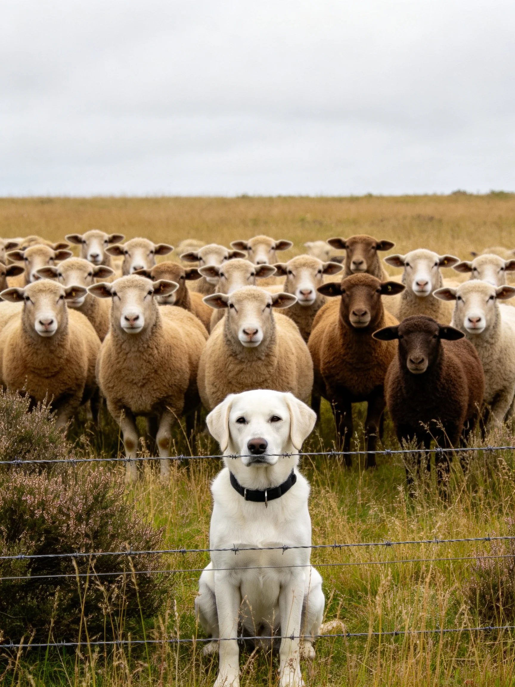 A white dog sits by a barbed wire fence with many sheep of assorted colors