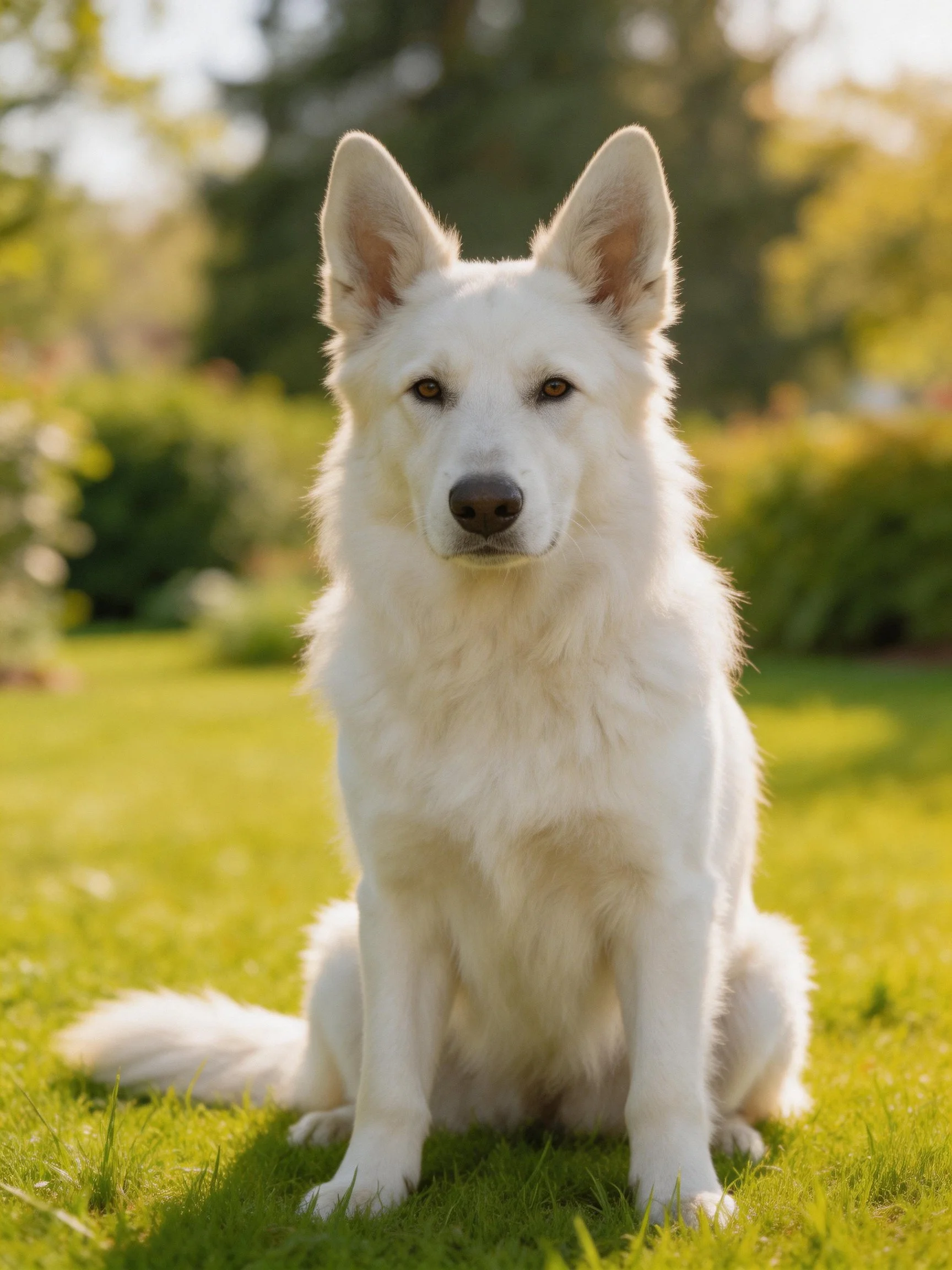 A white dog sits on green grass in a sunlit outdoor setting.