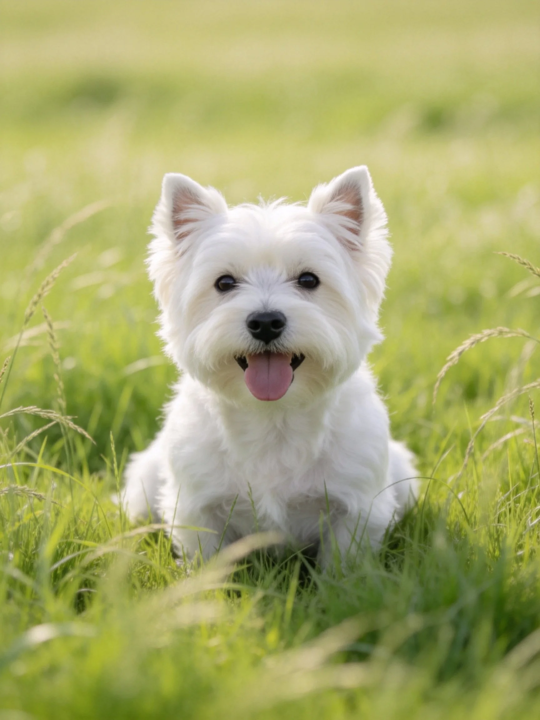 A white dog sits contentedly in lush green grass