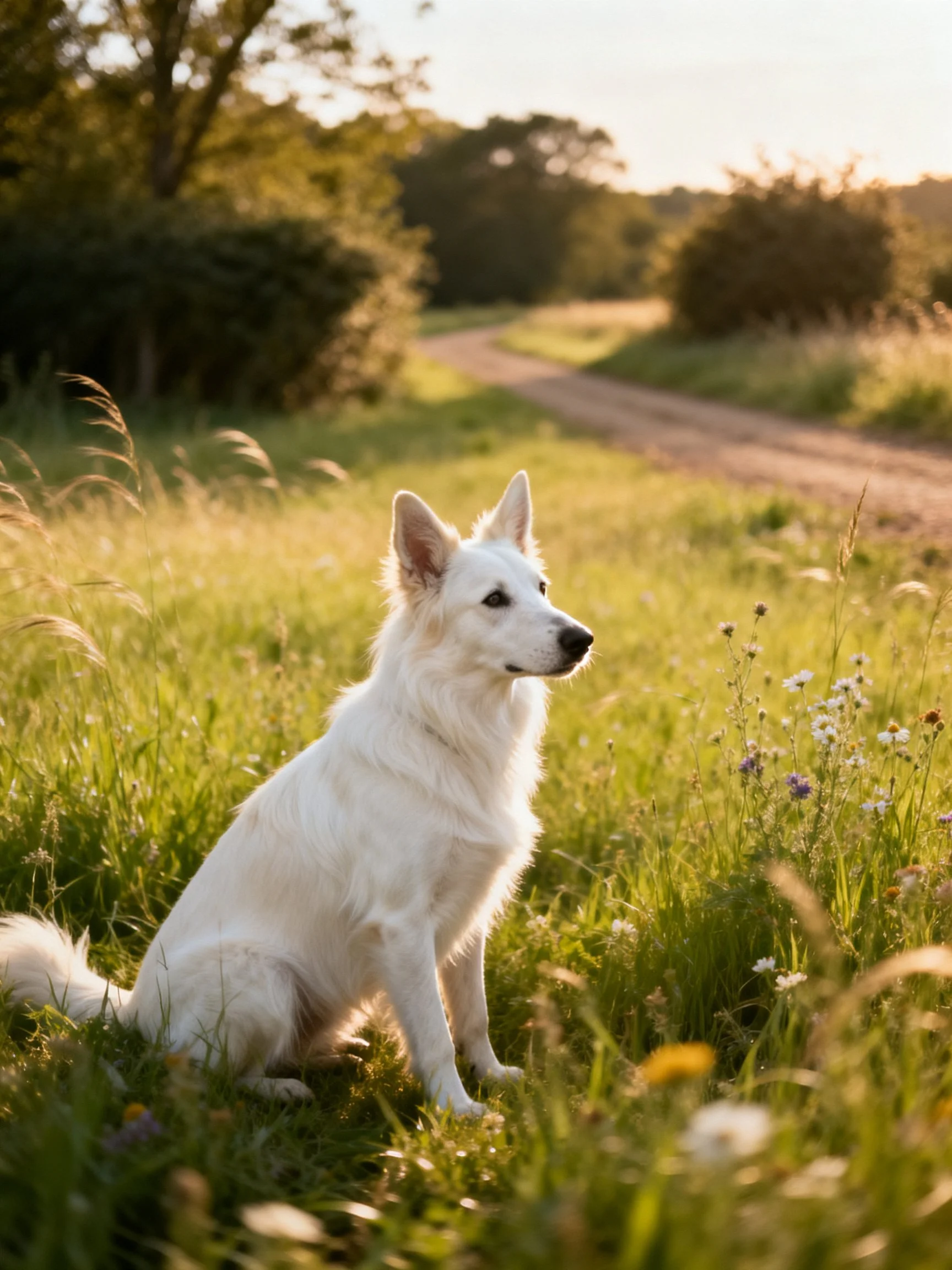 A white dog sits peacefully in a sunlit meadow with wildflowers and a dirt road nearby.