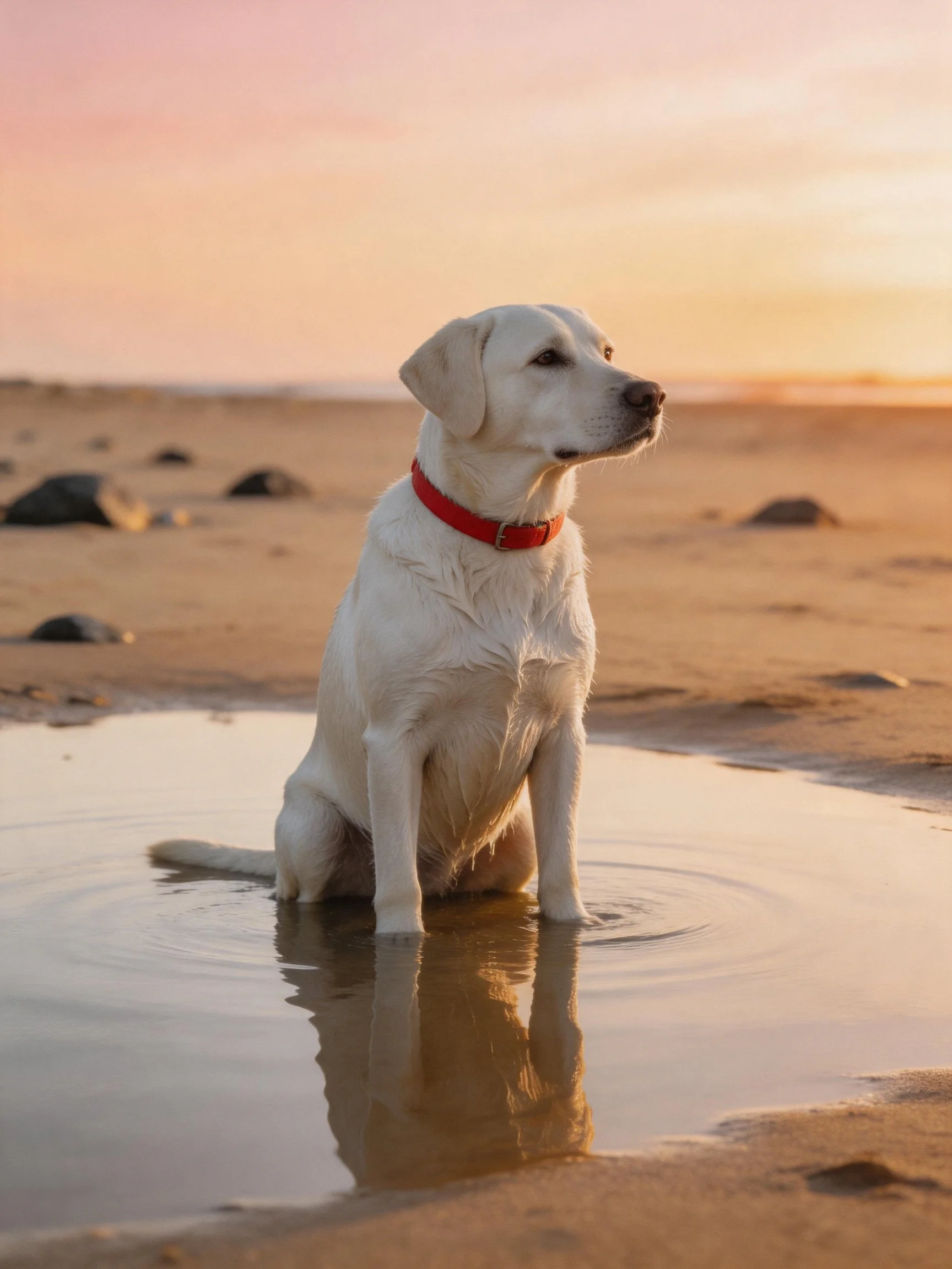 A white dog sits calmly in shallow water on a sandy beach during sunset.