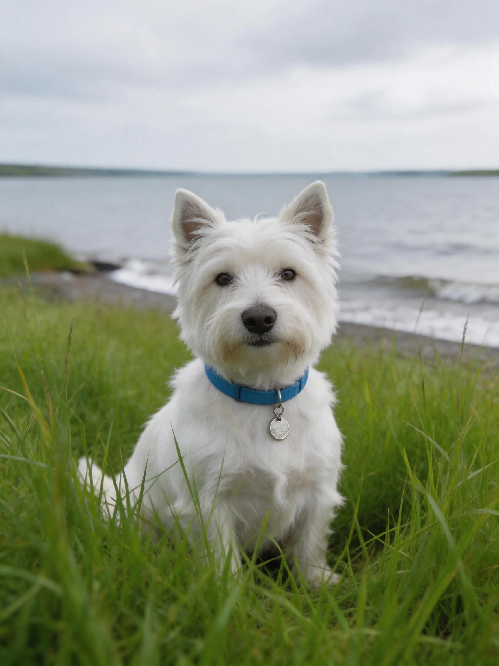 A white dog sits in tall green grass near a calm body of water.