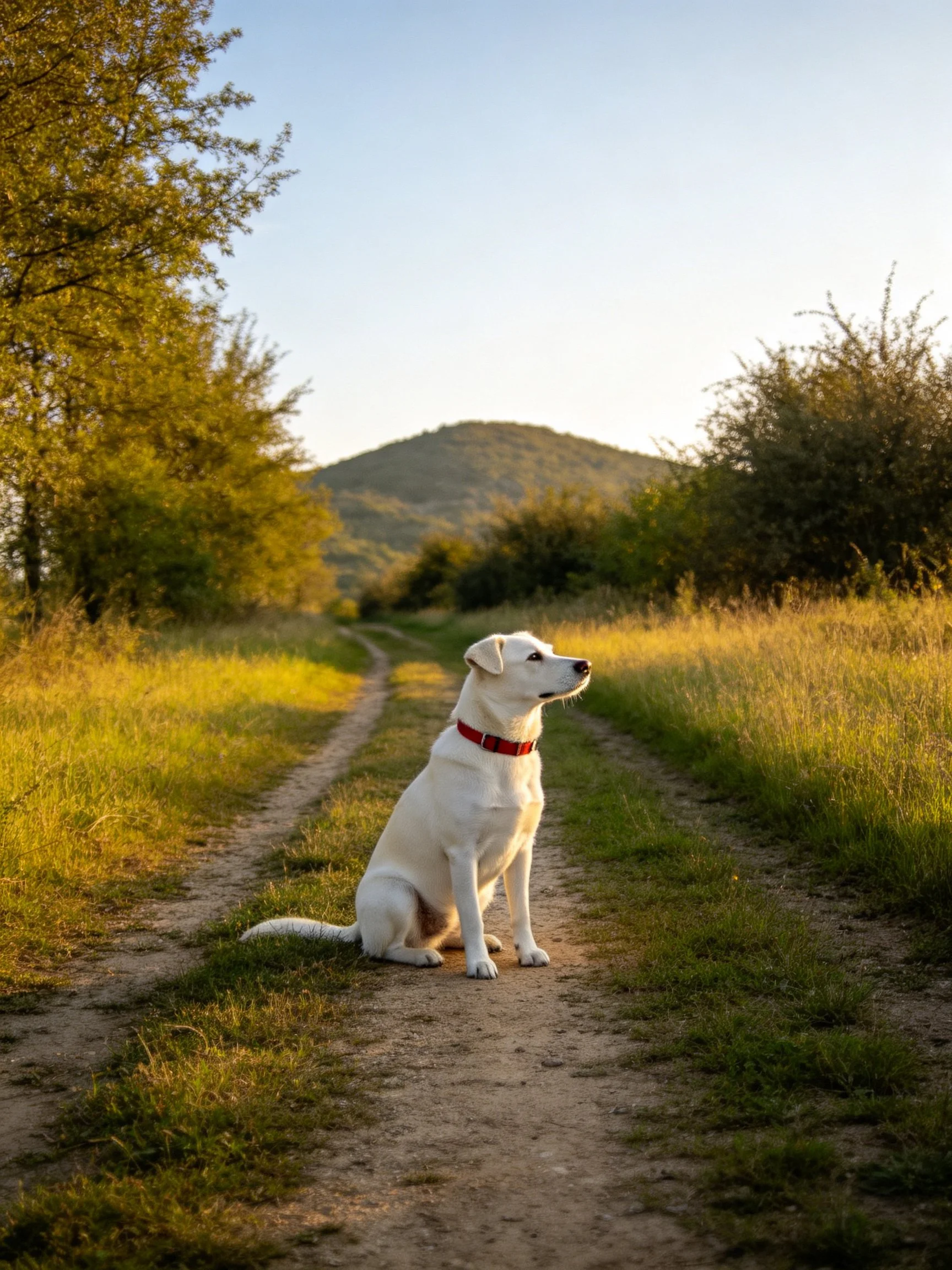 A white dog sits calmly on a dirt path in a sunlit rural landscape.