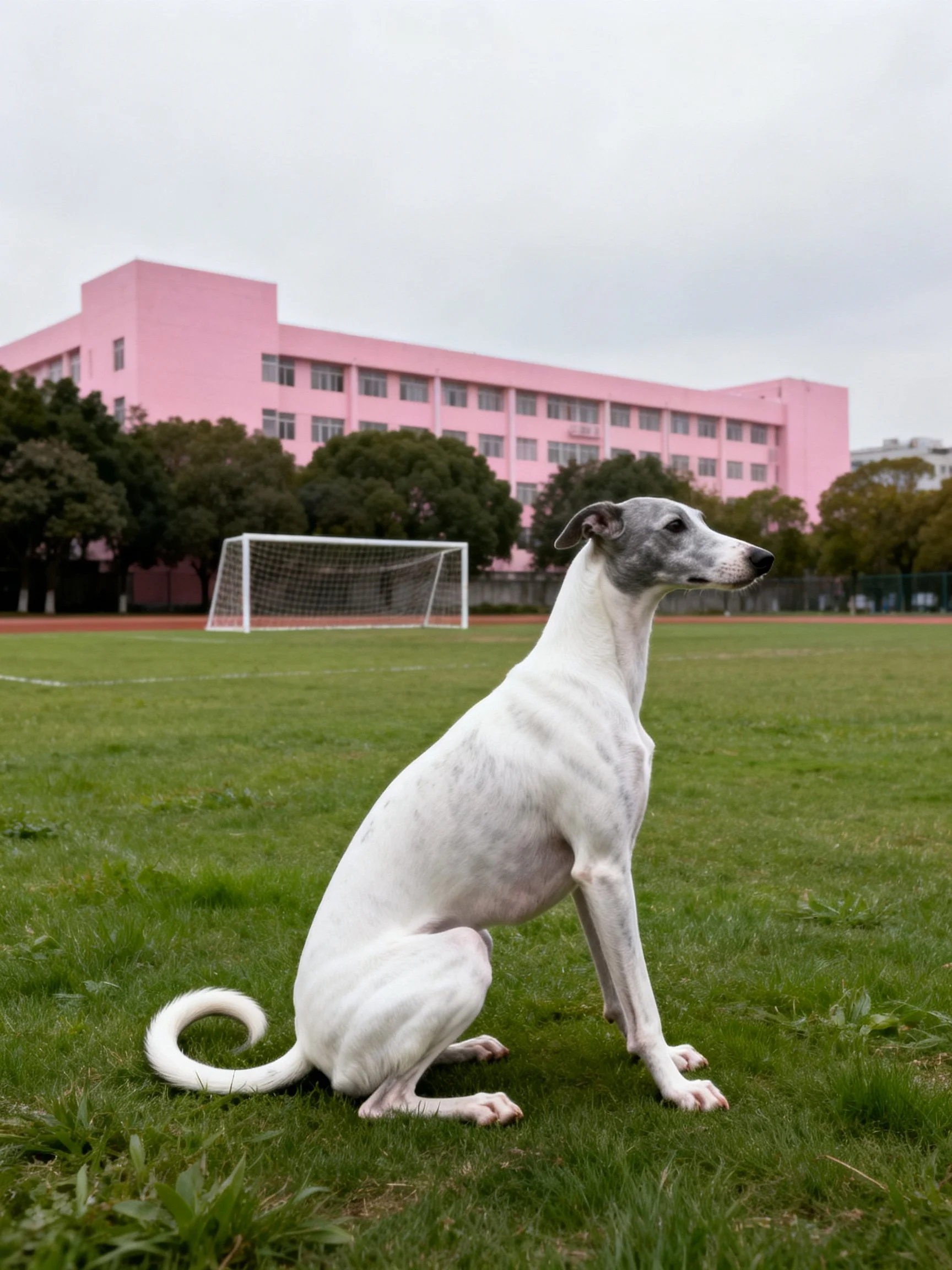 A white dog sits on a sports field with a pink building in the background.