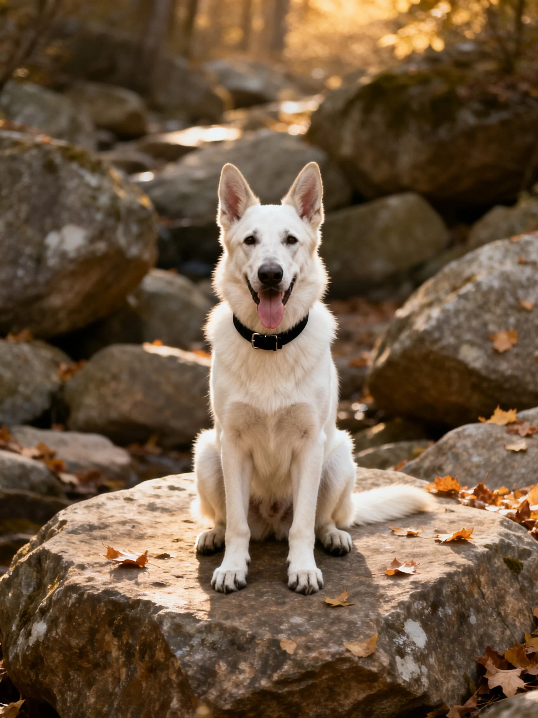 A white dog sits calmly on a rock surrounded by boulders and autumn foliage.