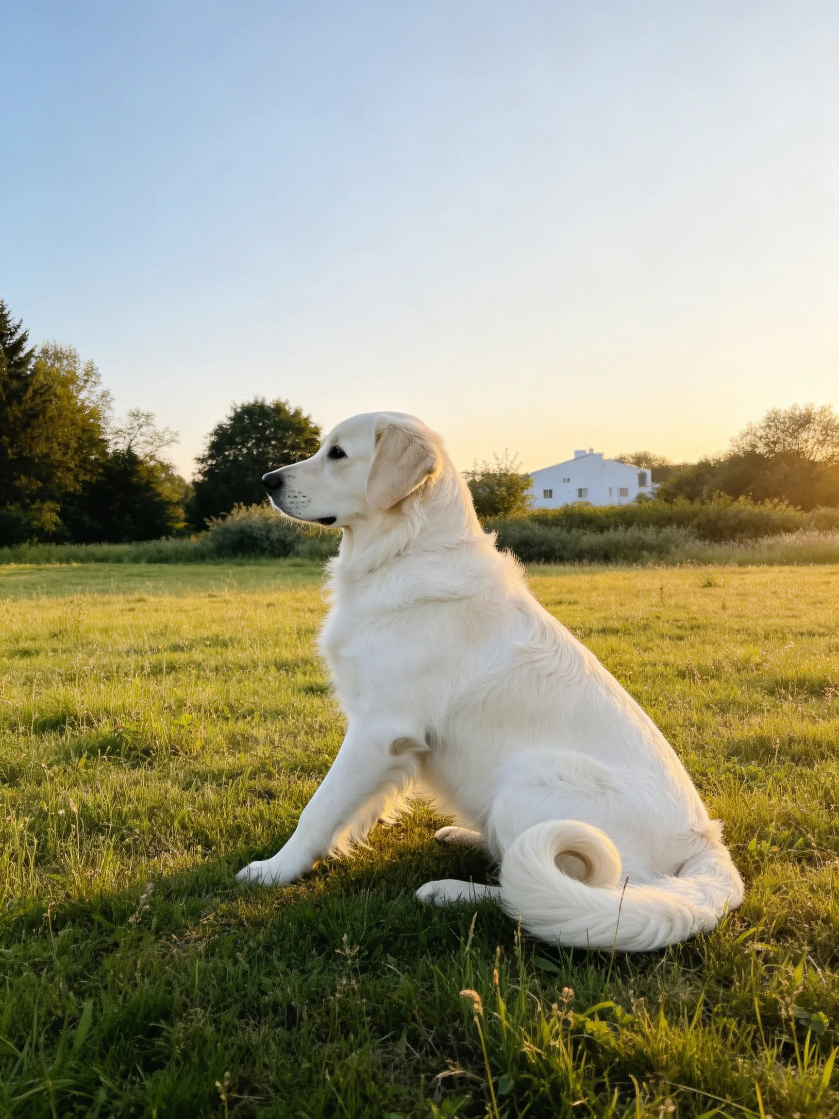 A white dog sits calmly on a sunlit grassy field near trees and a house.