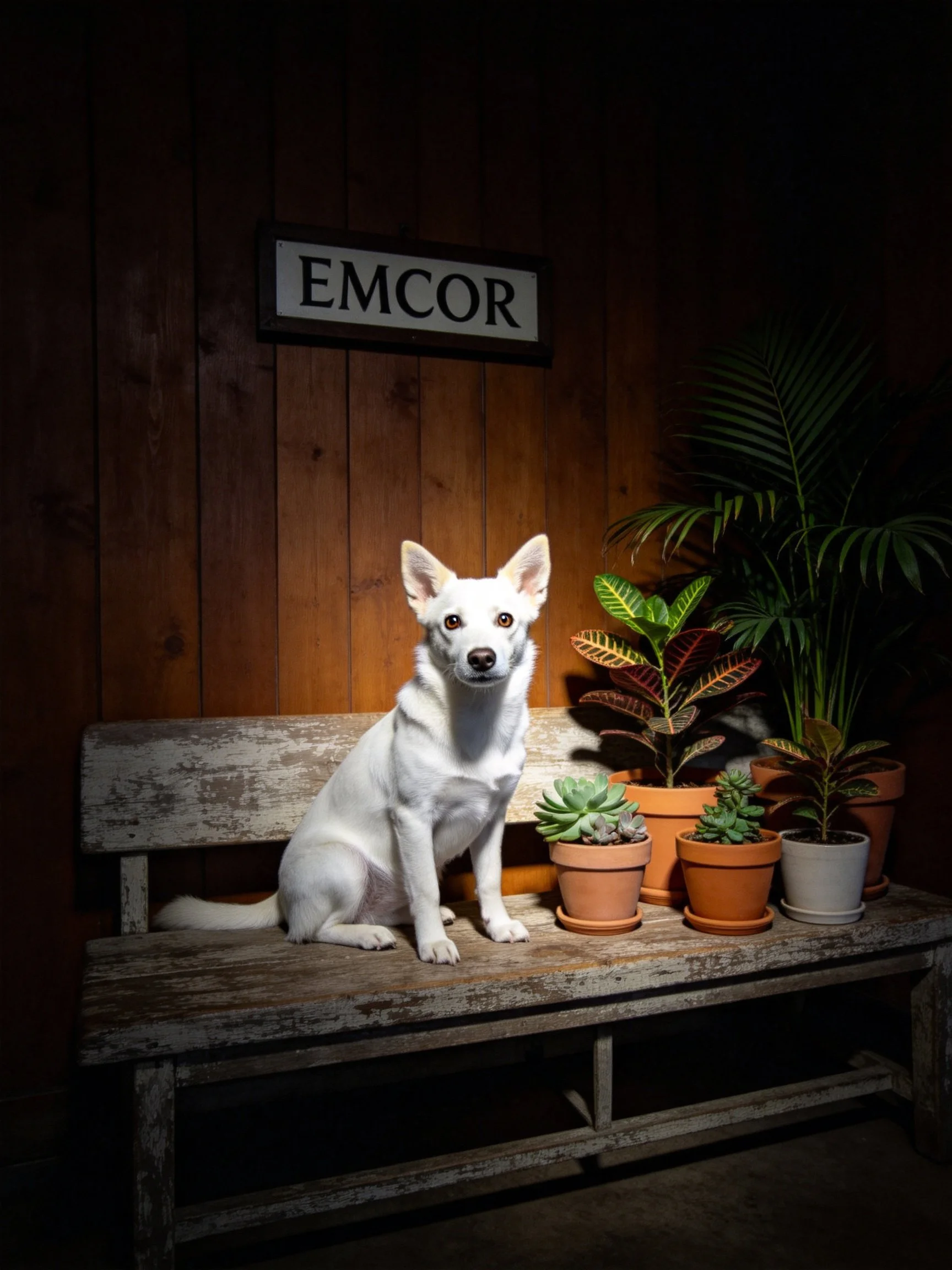 A white dog sits on a bench with potted plants and an EMCOR sign in dim lighting