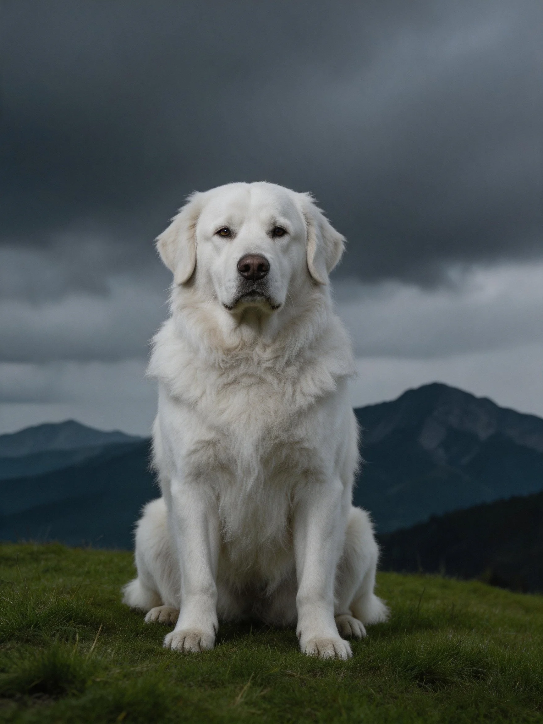 A white dog sits on grass beneath a stormy sky with mountains in view