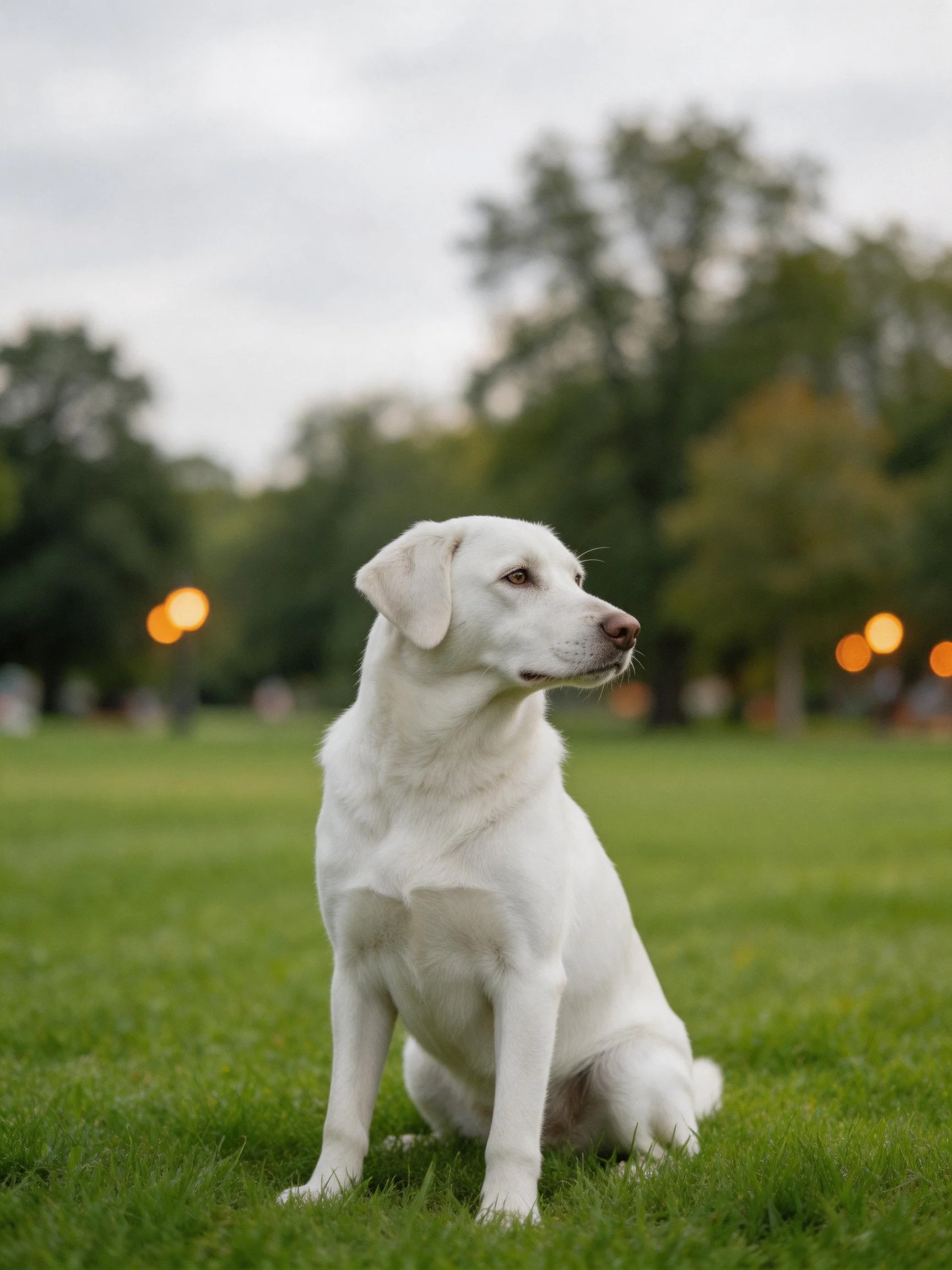 A white dog sits on grass in a park with blurred trees
