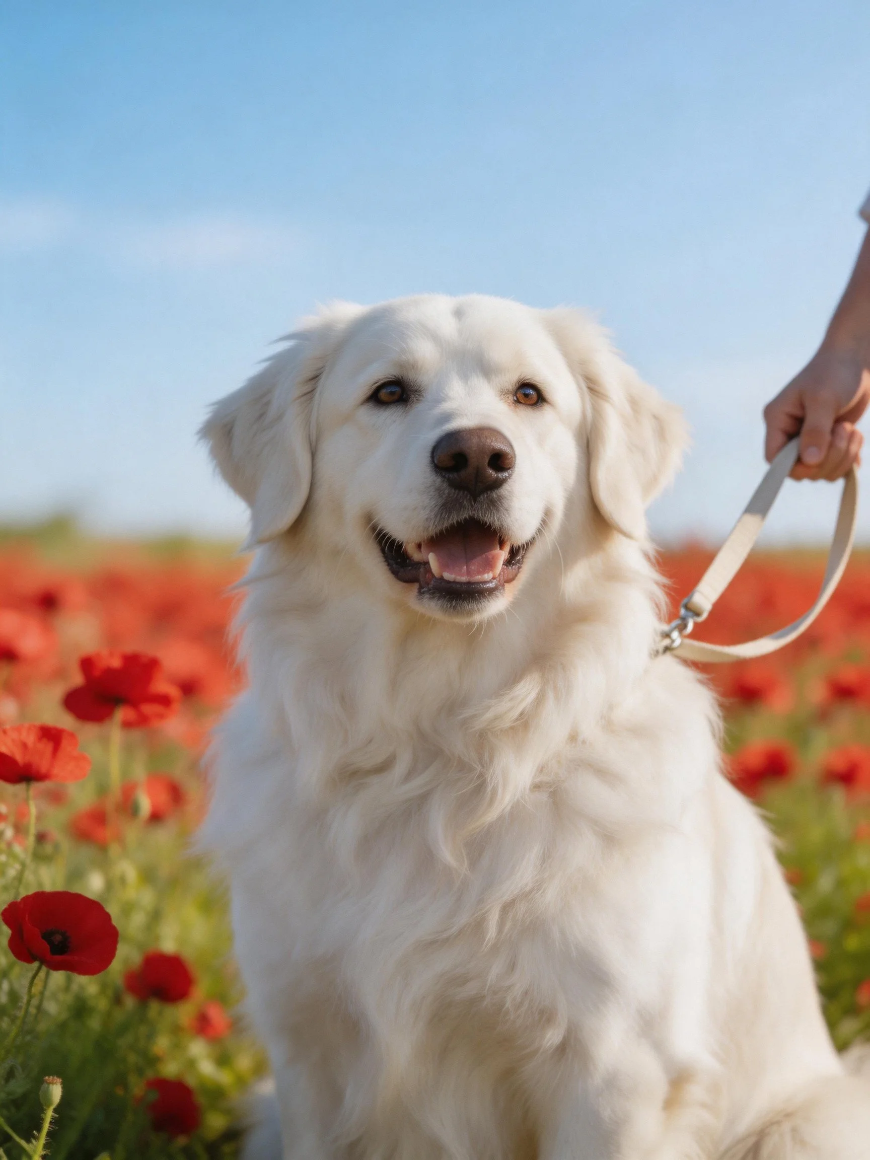 A white dog stands near red poppies in a sunny field with a leash attached.