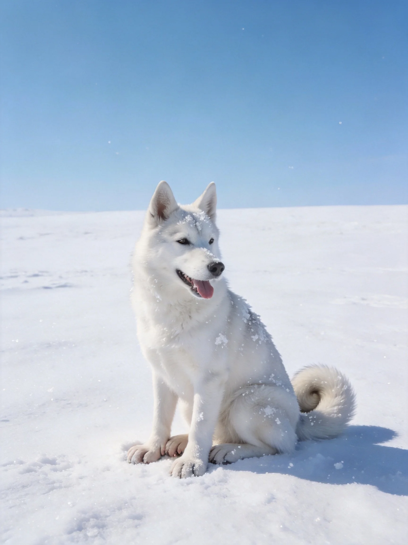 A white dog sits contentedly on snow-covered ground beneath a bright blue sky.