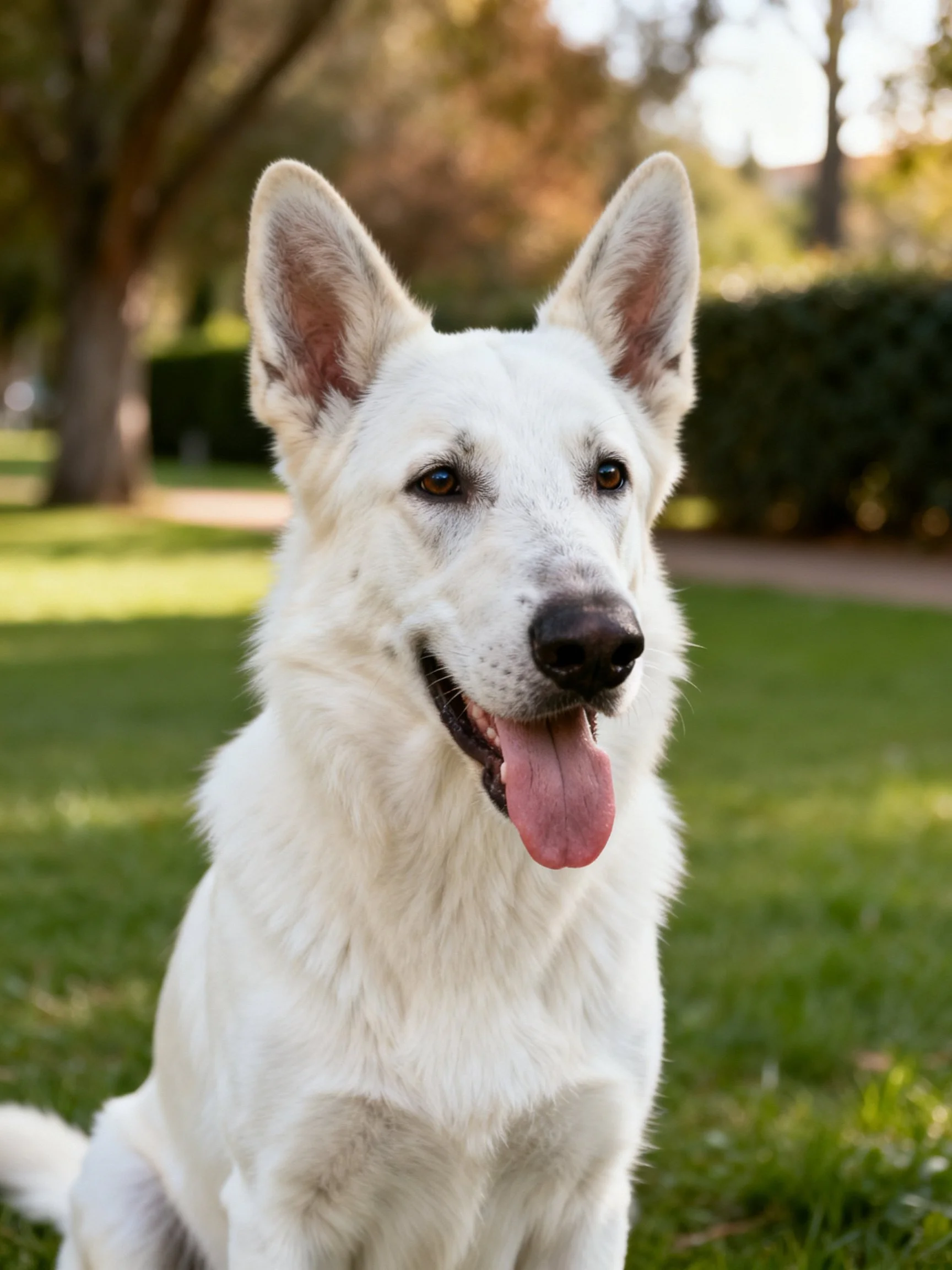A white dog sits contentedly on green grass in a sunny park.