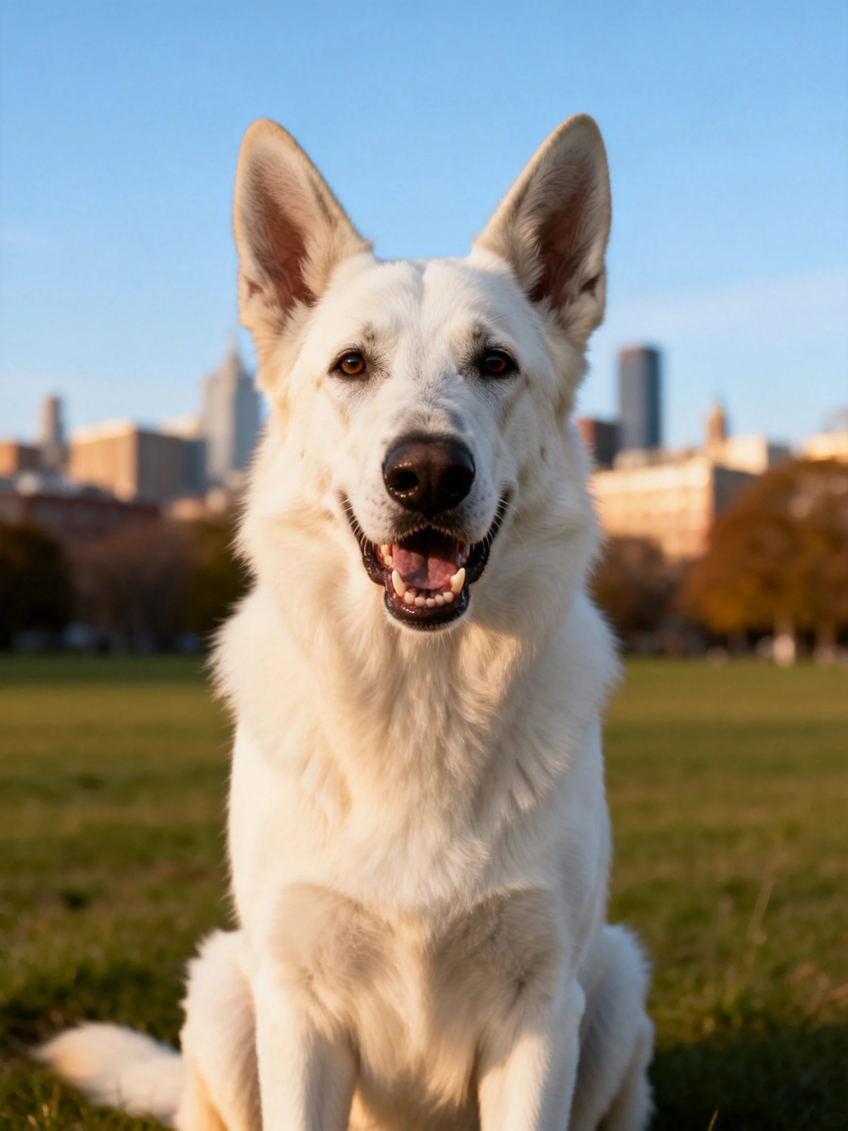 A white dog sits happily on grass with a city skyline in the background.
