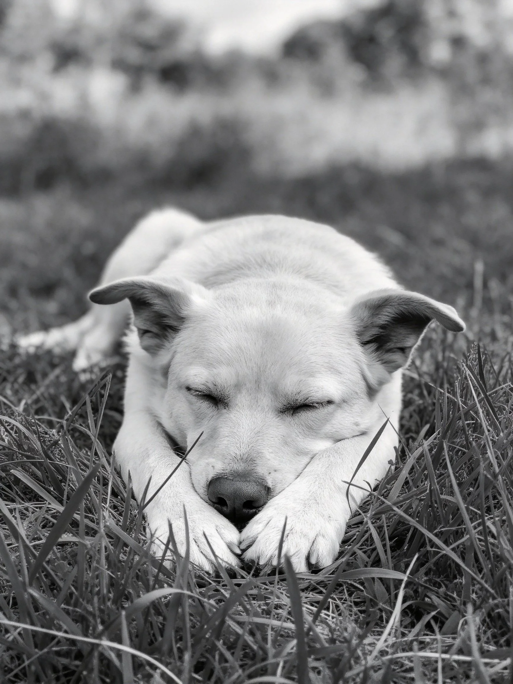 A white dog rests peacefully on grass in a serene outdoor space.