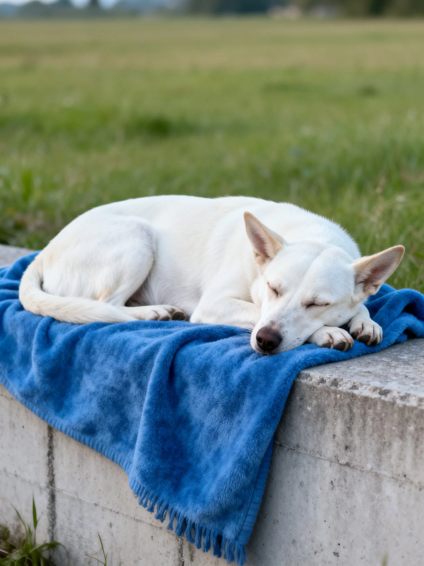 A white dog rests on a blue towel on an outdoor concrete structure.