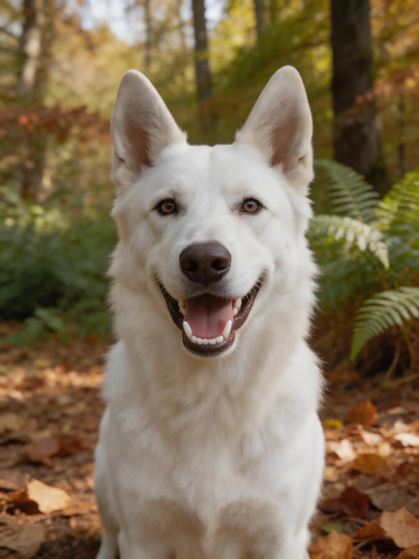 A white dog smiles happily in a forest with autumn leaves.
