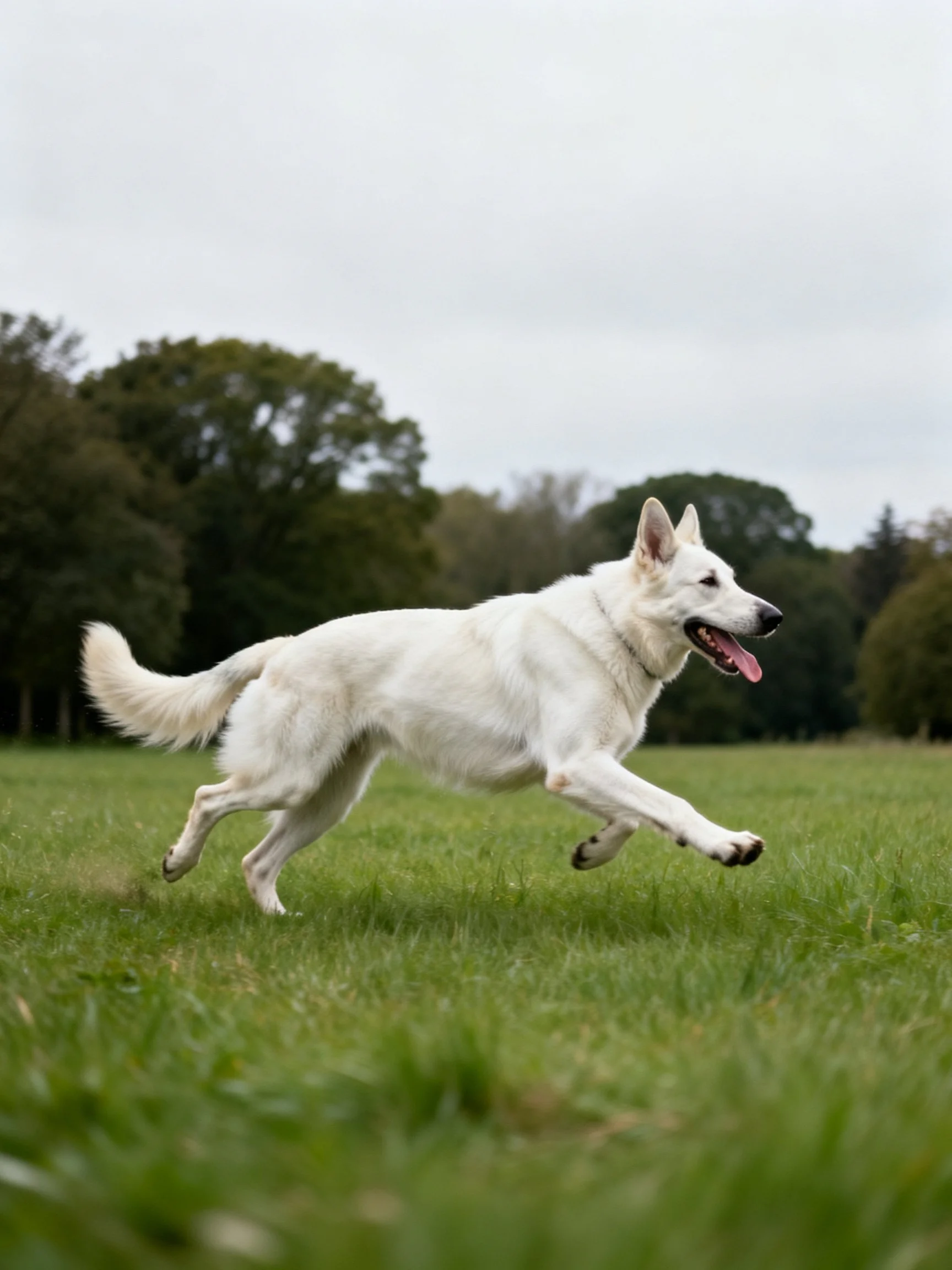 A white dog runs energetically across a grassy field with trees in the distance.