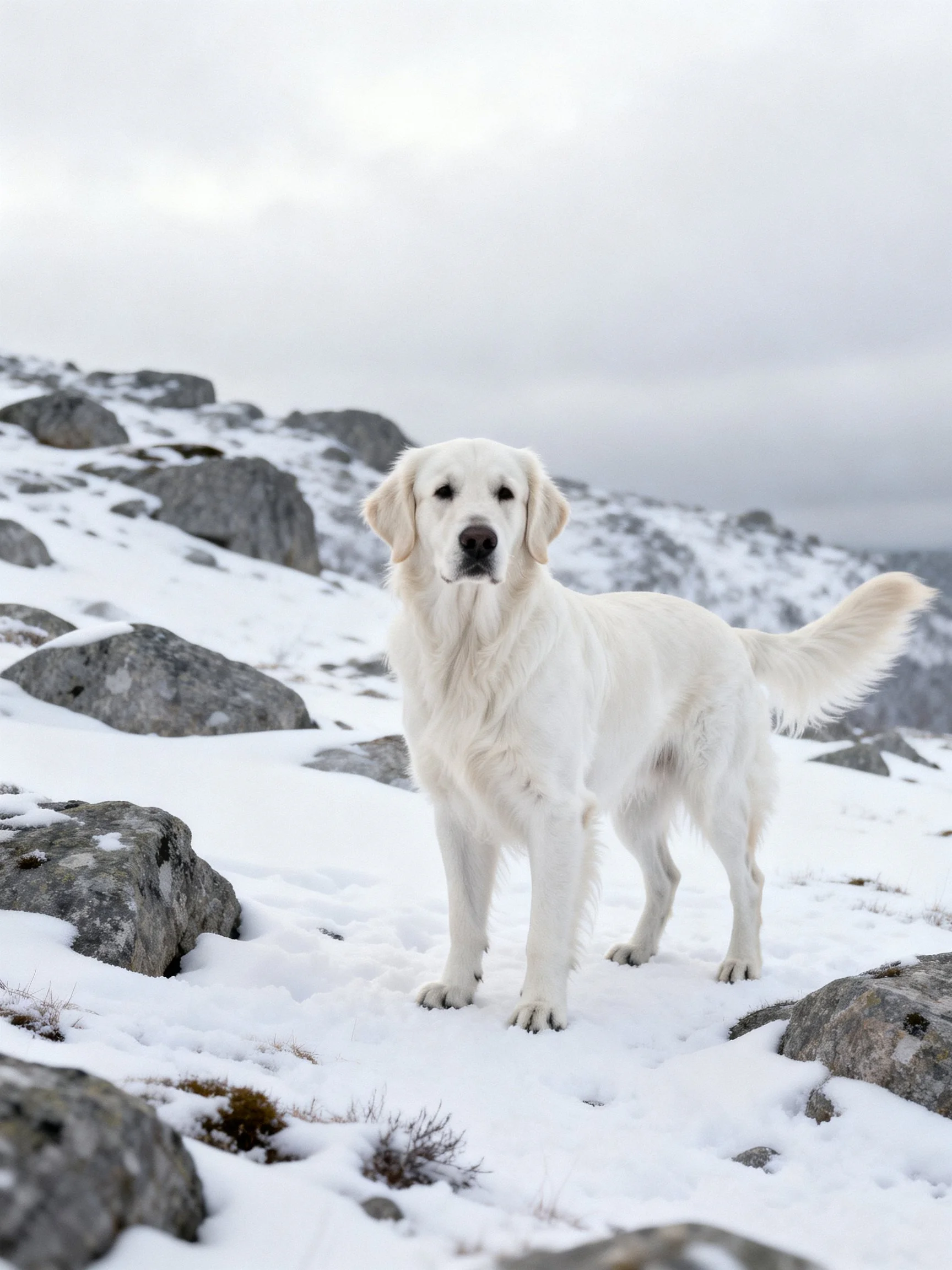 A white dog stands on a snow-draped rocky hillside.
