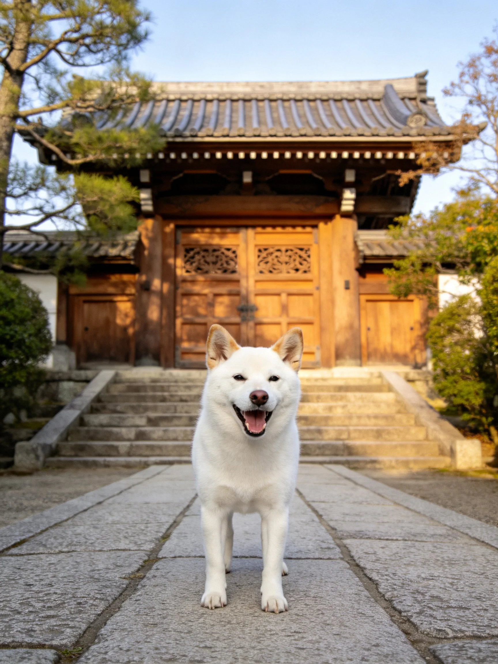 A cheerful white dog poses in front of a historic temple entrance.