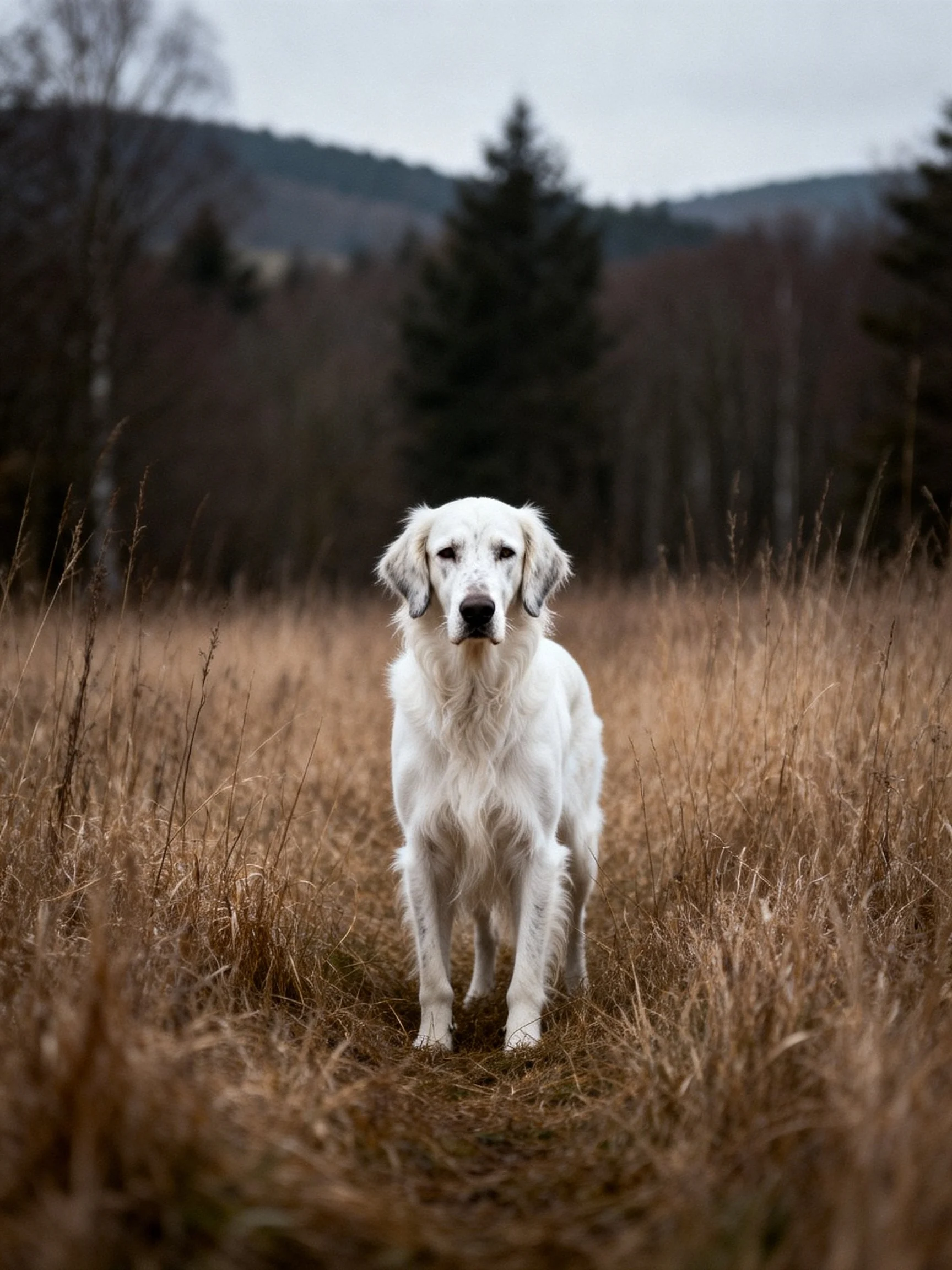 A white dog stands alone in a grassy field near forested hills