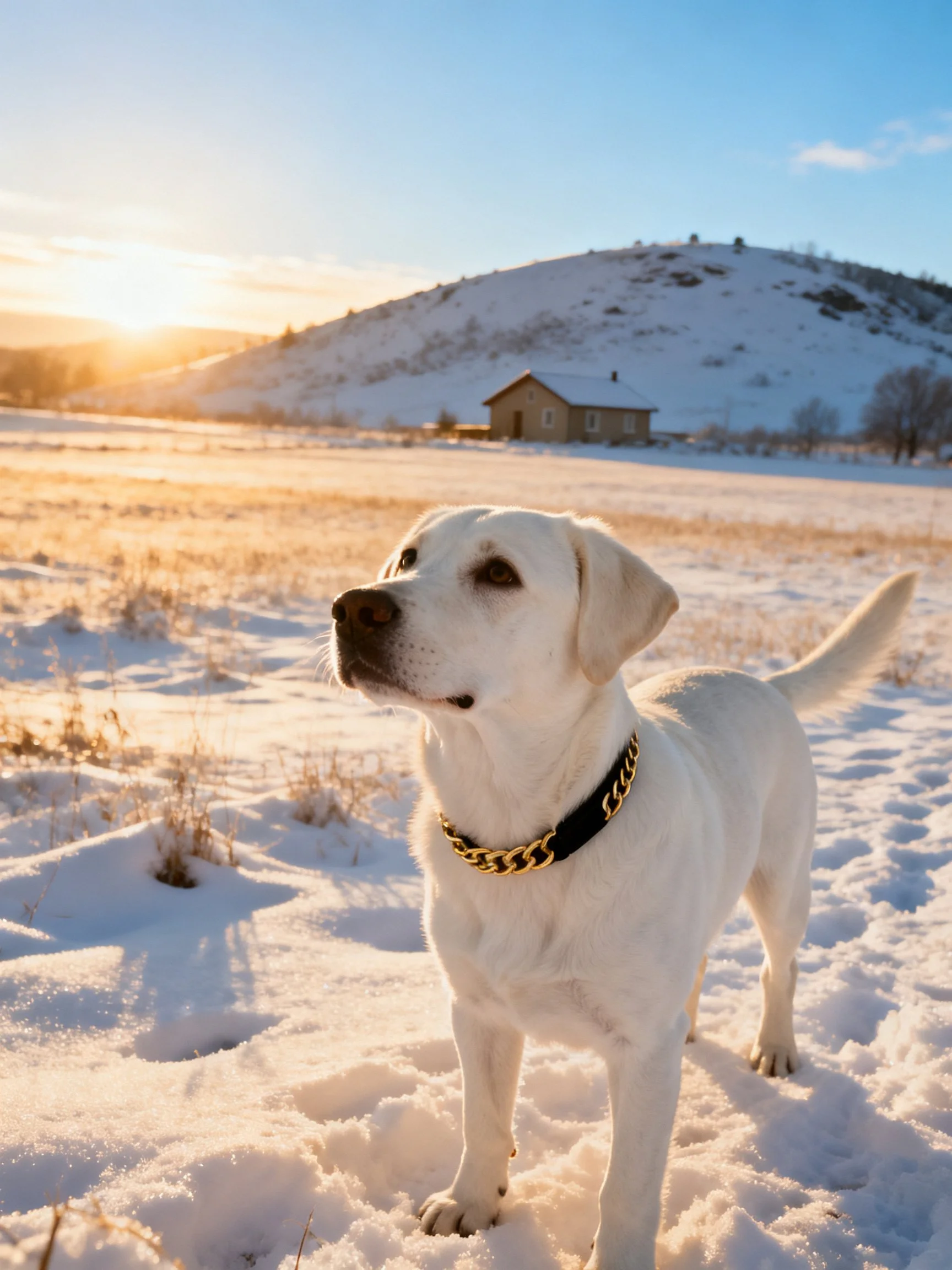 A white dog stands in a snow - filled landscape with a hillhouse and sunset behind the distance.