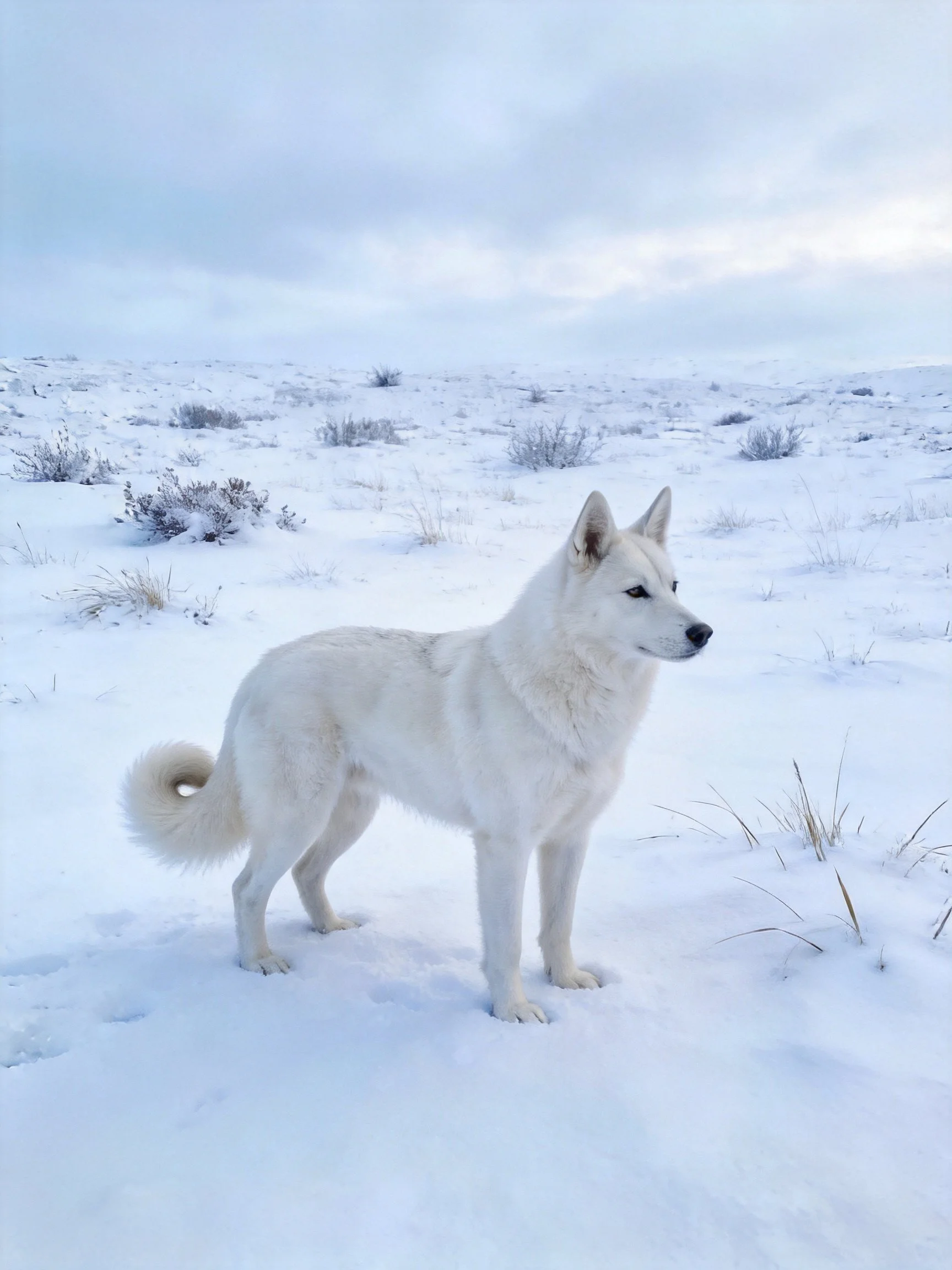 A white dog stands alert in a wide, snow-covered open area.