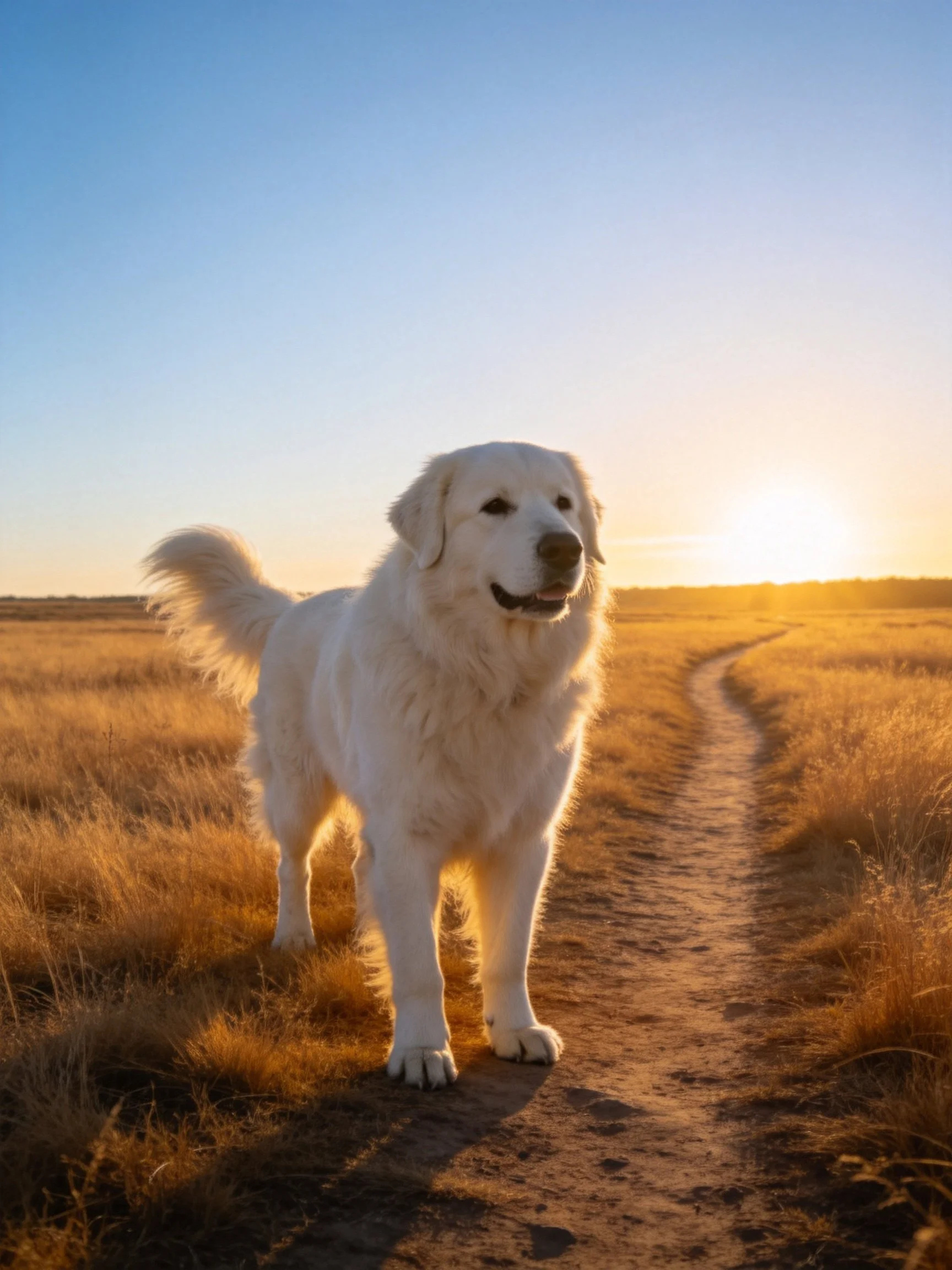 A white dog stands on a dirt path amid golden fields during sunset.