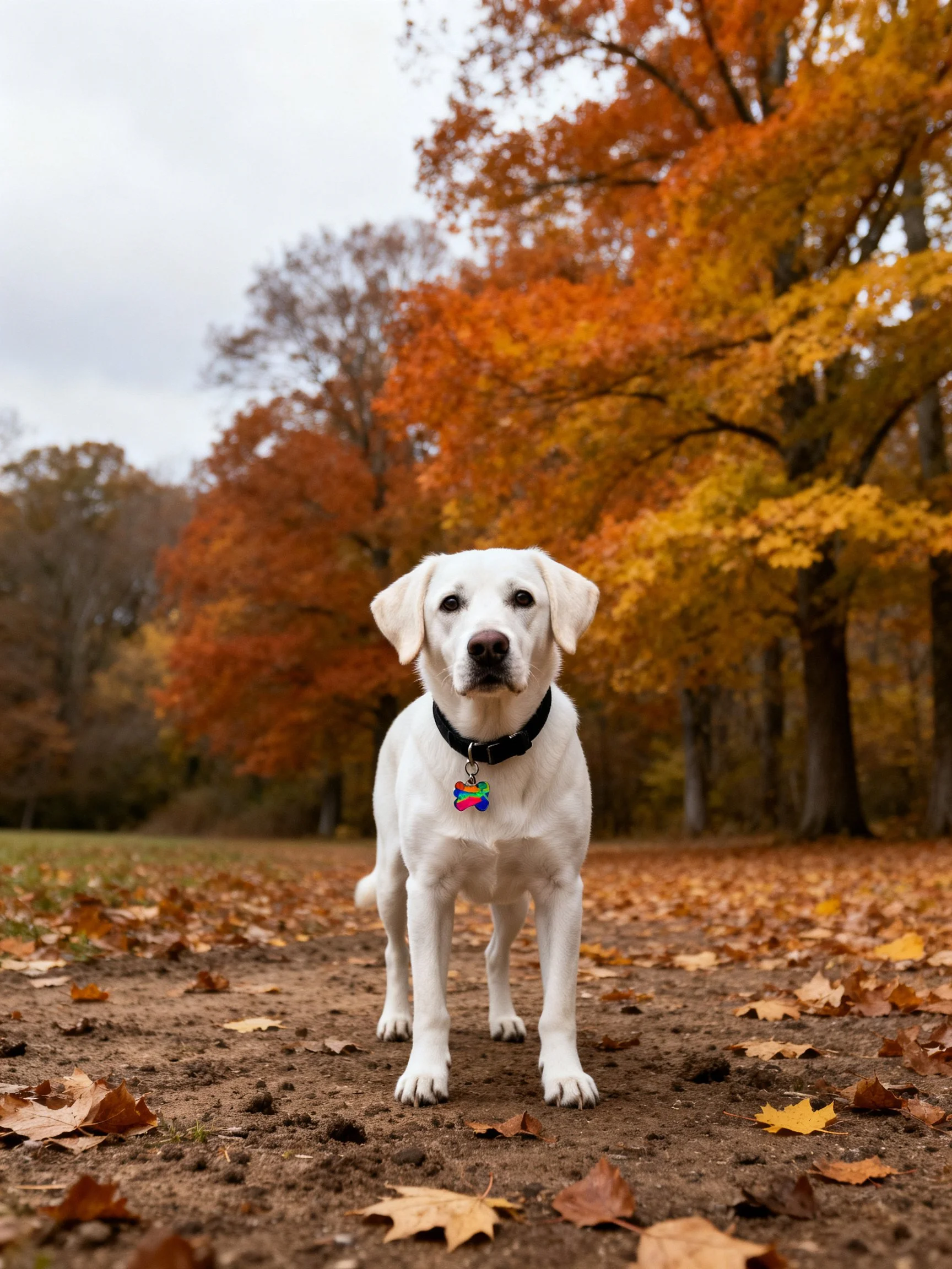 A white dog stands on a leaf-covered path surrounded by colorful fall trees