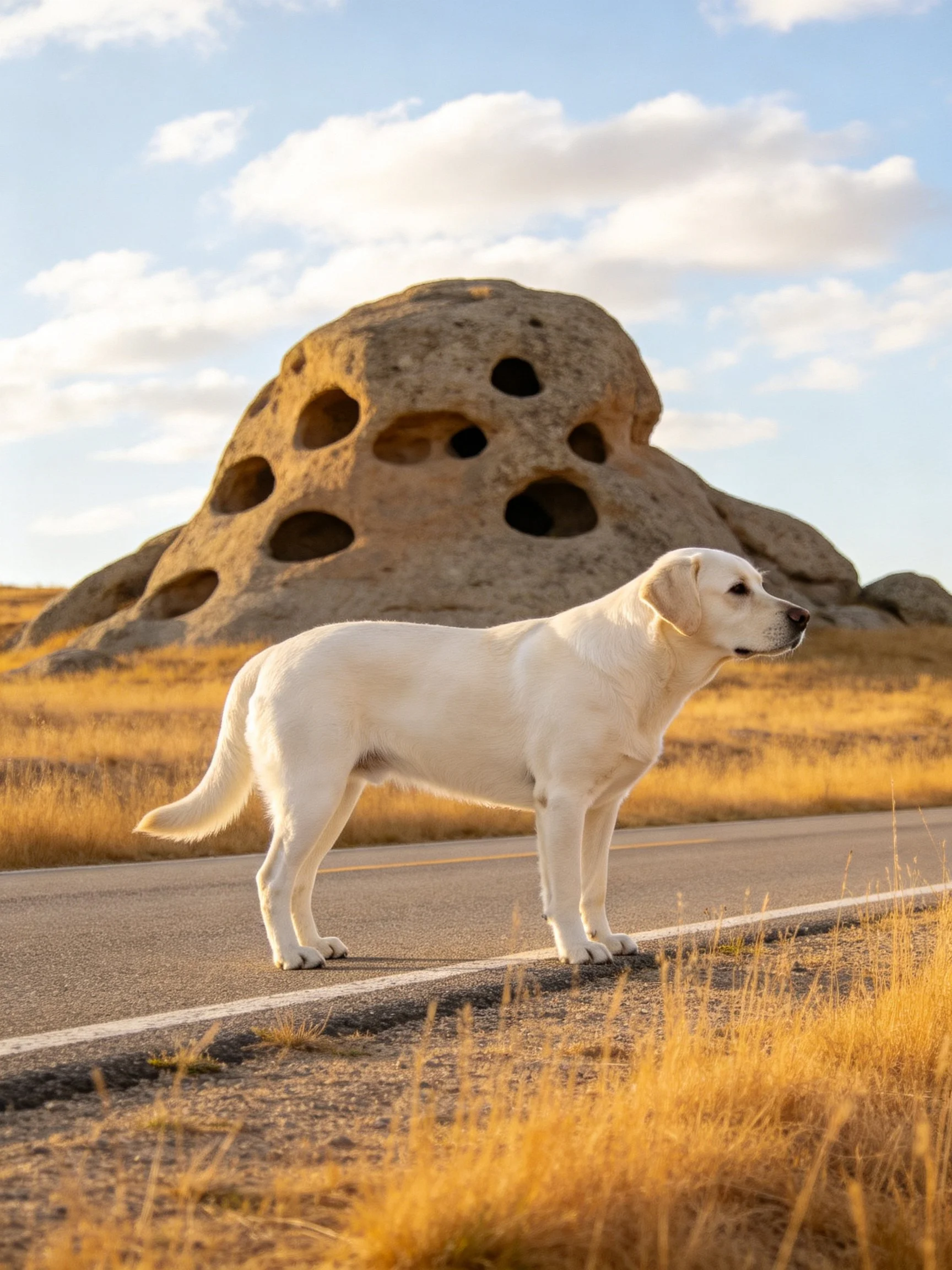 A white dog pauses on a rural road beside a distinctive rock formation.