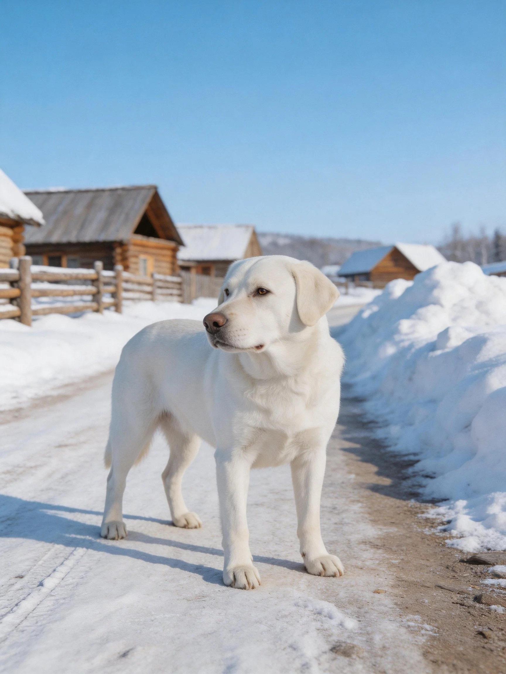 A white dog stands on a snowy road near wooden cabins under a clear sky.