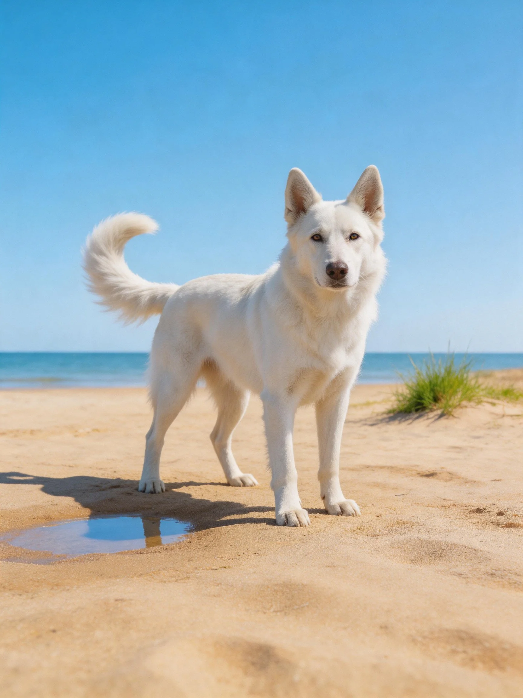 A white dog stands on a sandy beach with blue skies and ocean in the background.