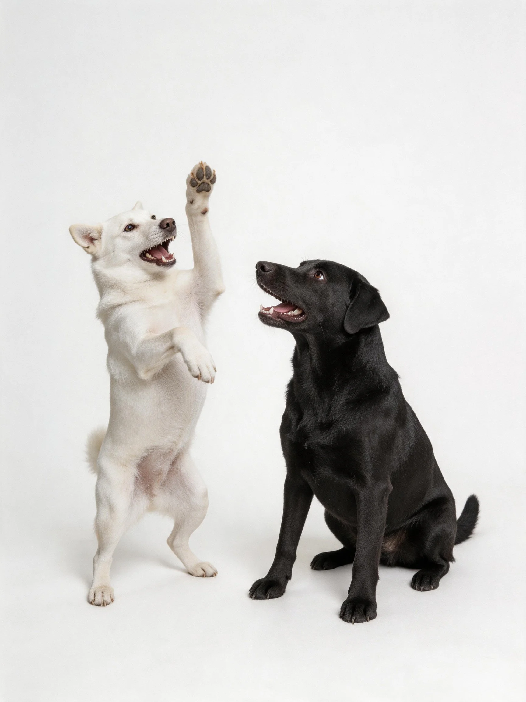 A white dog raises a paw toward a seated black dog.