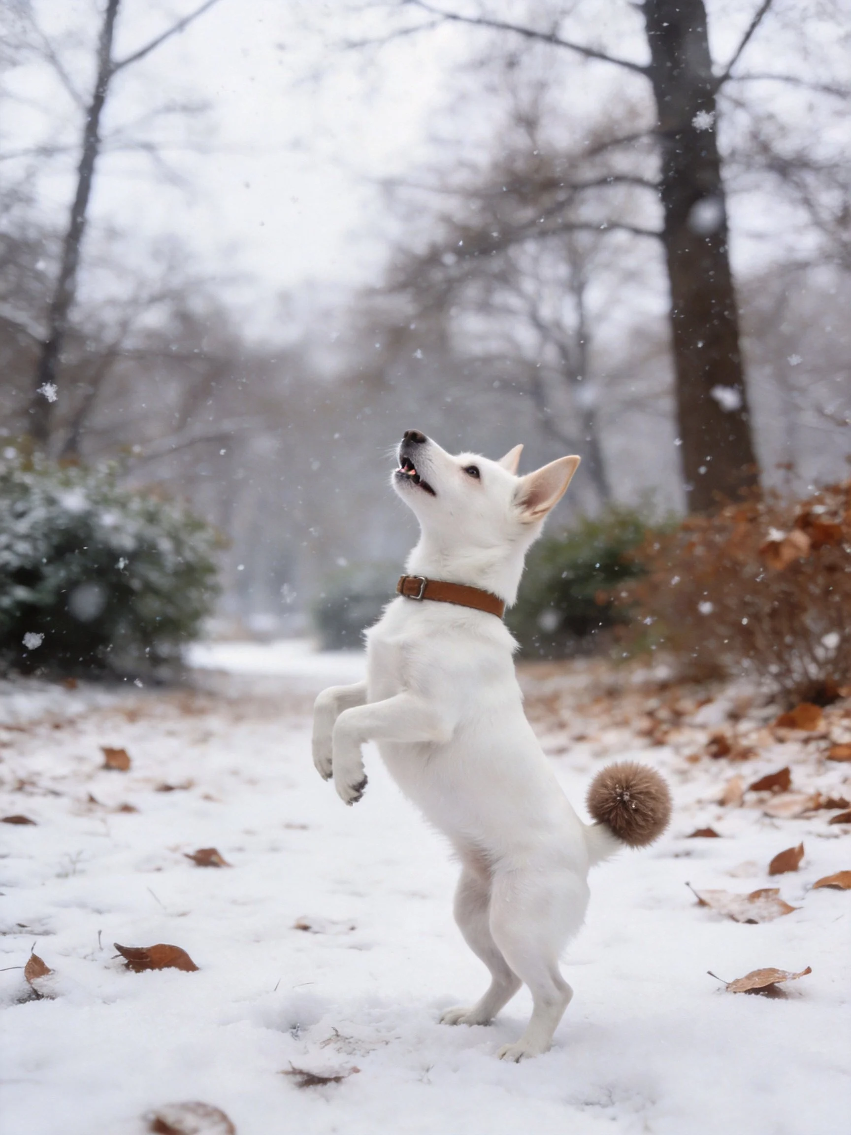 A white dog stands on hind legs in a snowy park with falling snow