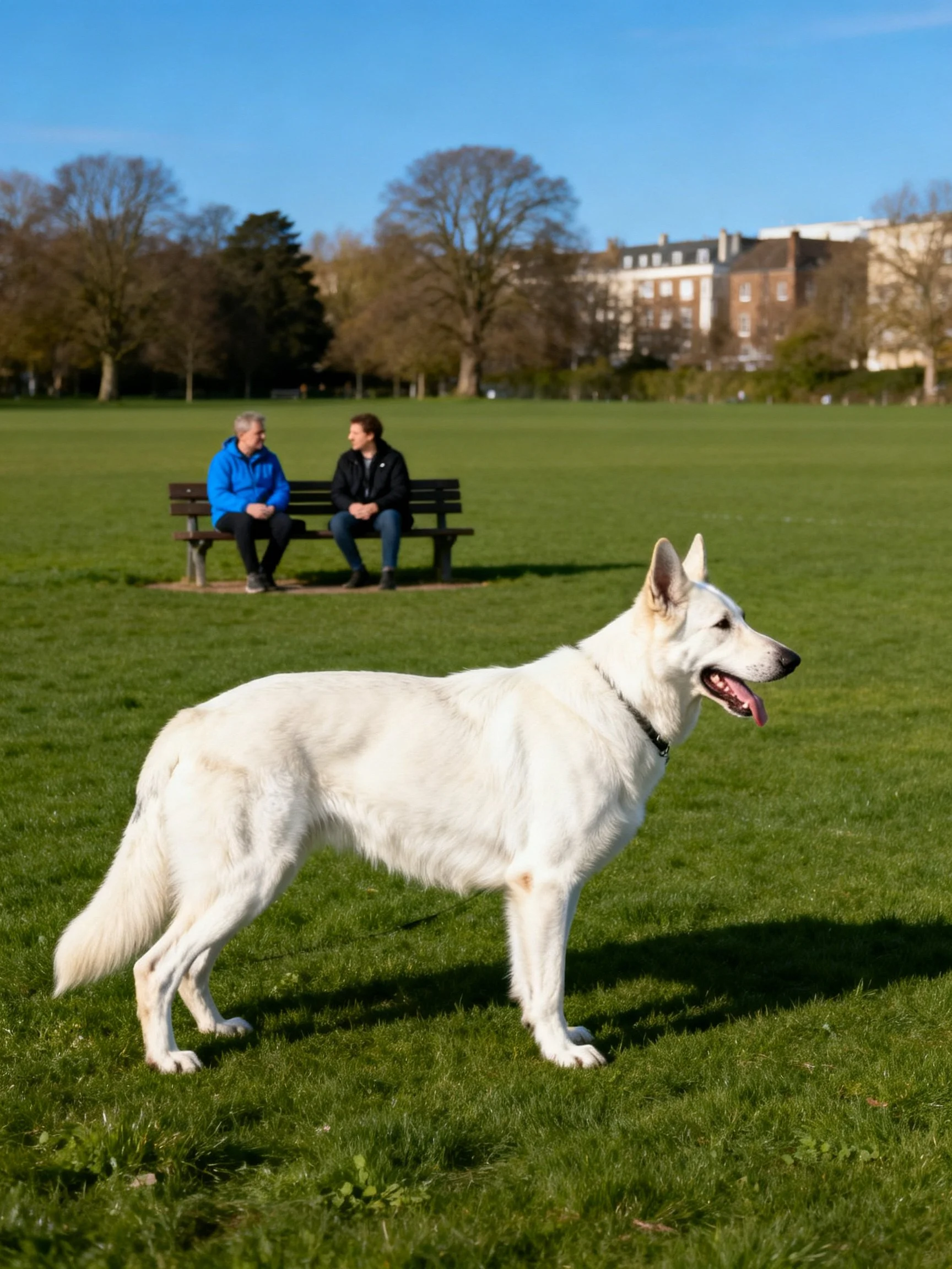 A white dog is on a grassy park field with two people sitting on a bench behind it.