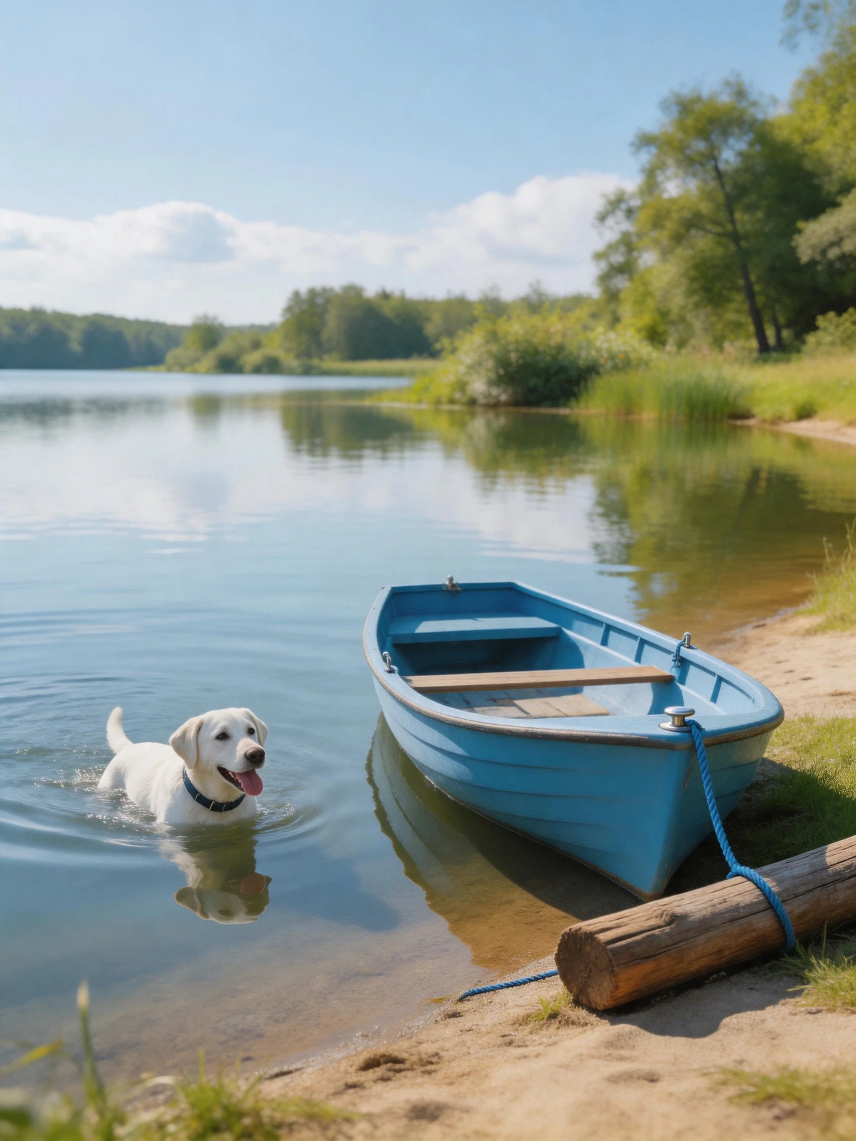 A white dog enjoys water beside a blue boat on a sunny lakeside.