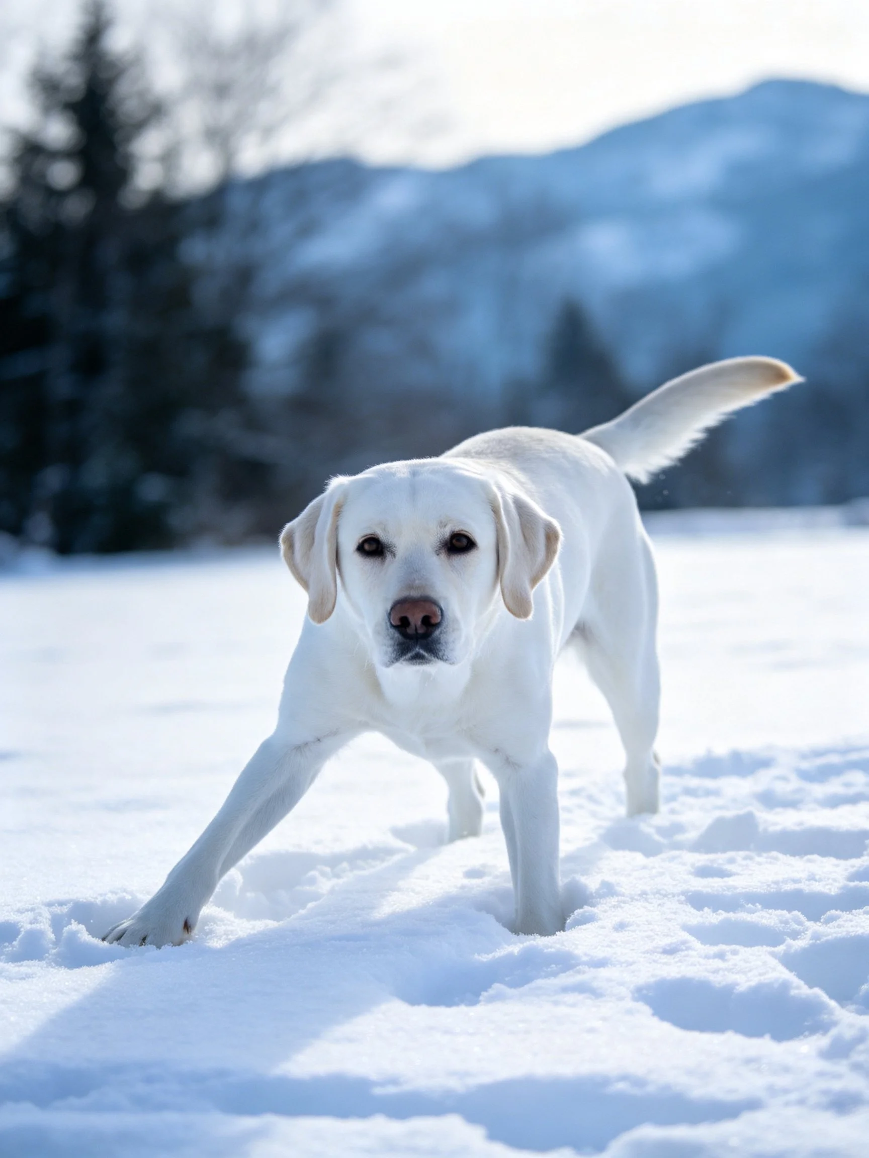 A white dog explores a snowy landscape with trees and mountains in the distance.