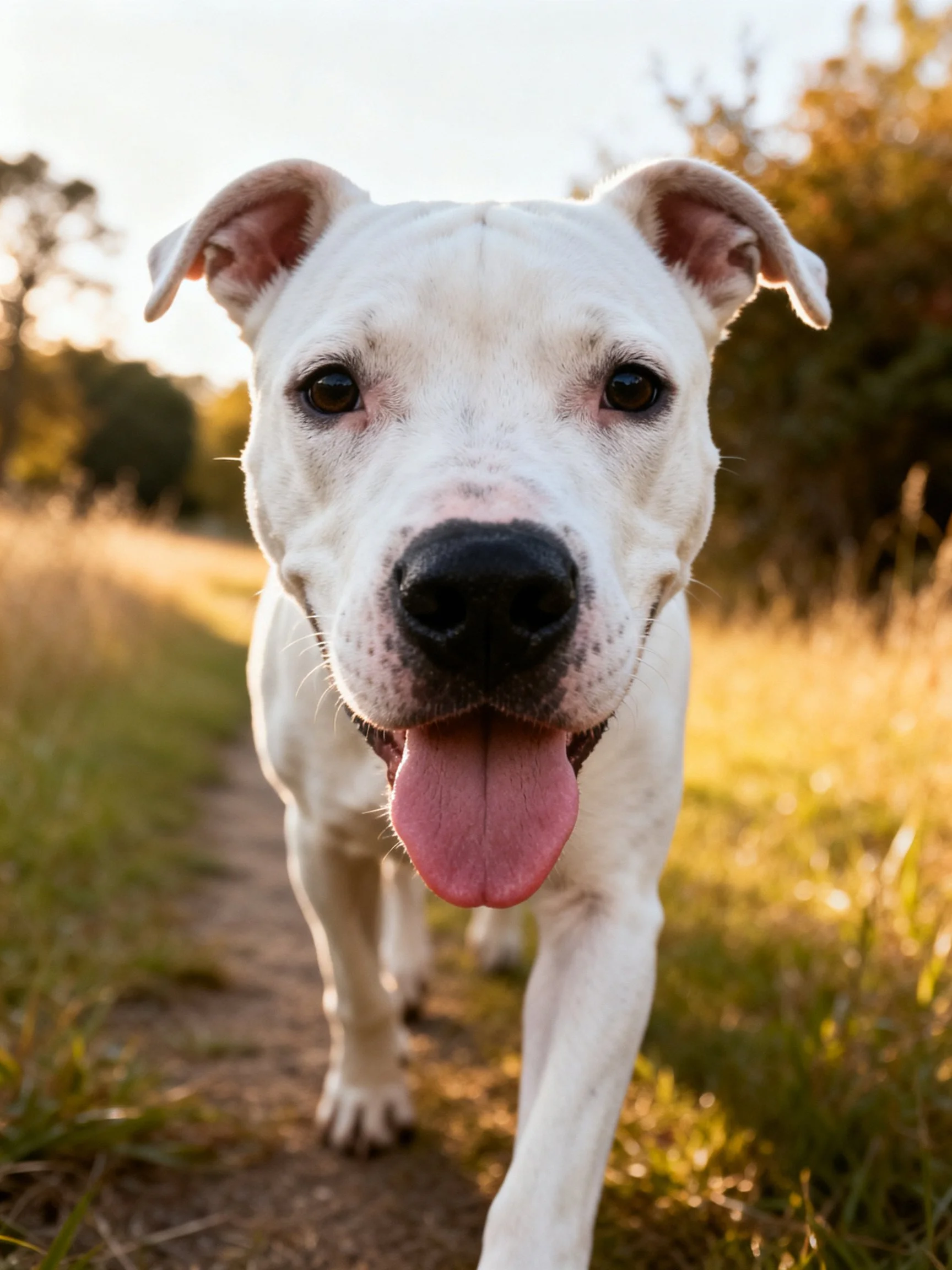 A white dog walking toward the camera on a sunlit path