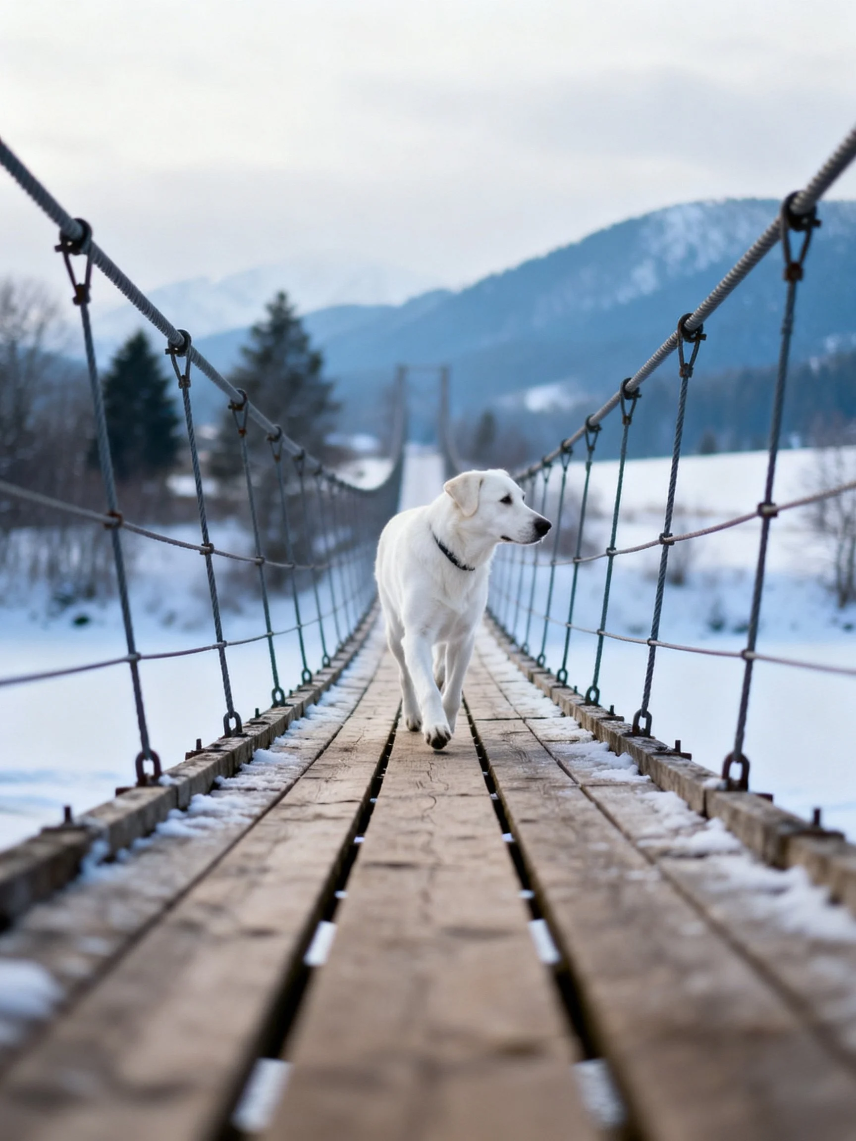 A white dog traverses a wooden suspension bridge in a snowy landscape.