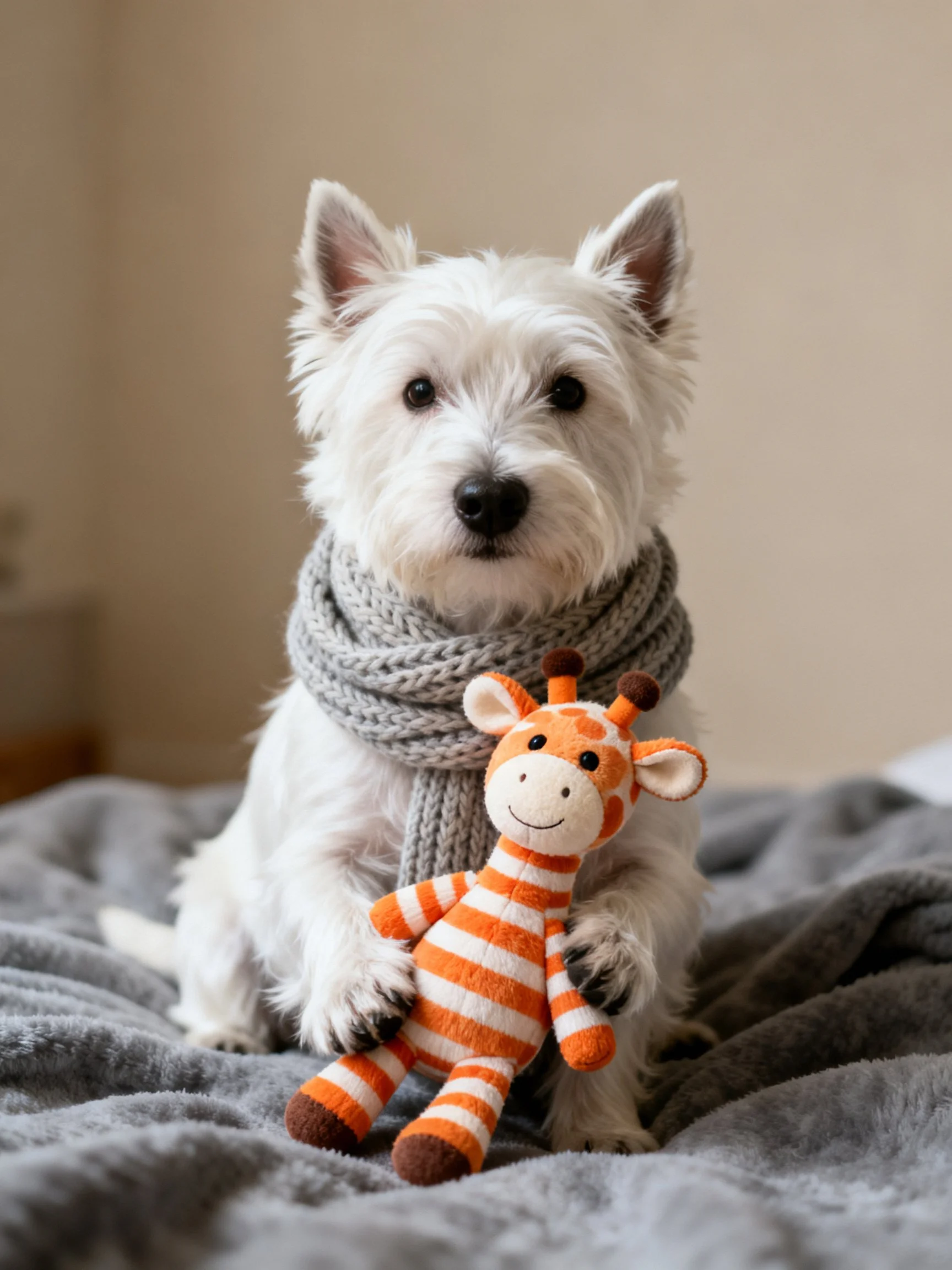 A white dog with a gray scarf holds a stuffed giraffe toy on a soft blanket.