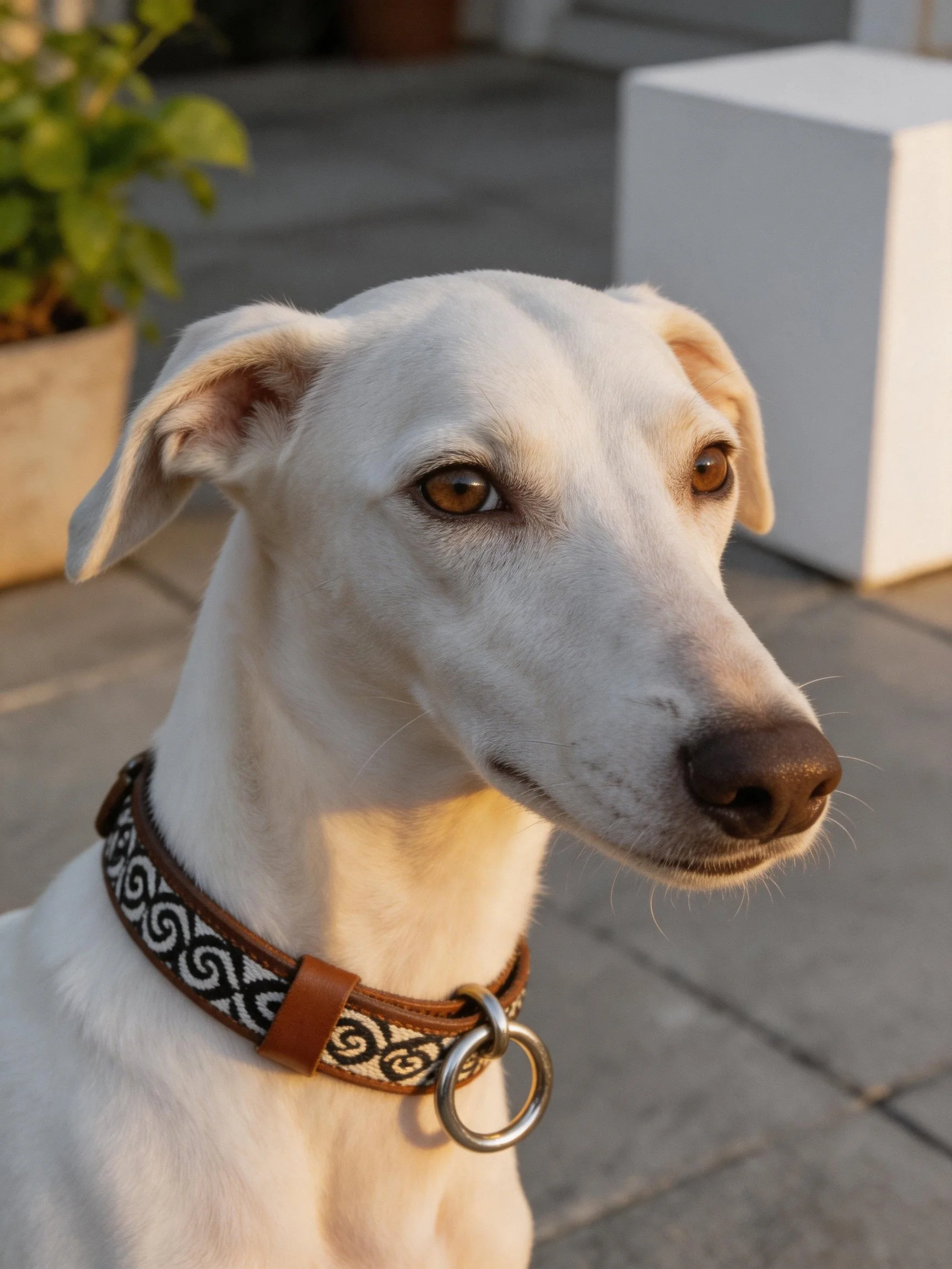 A white dog with a patterned collar is outdoors near plants and structures.