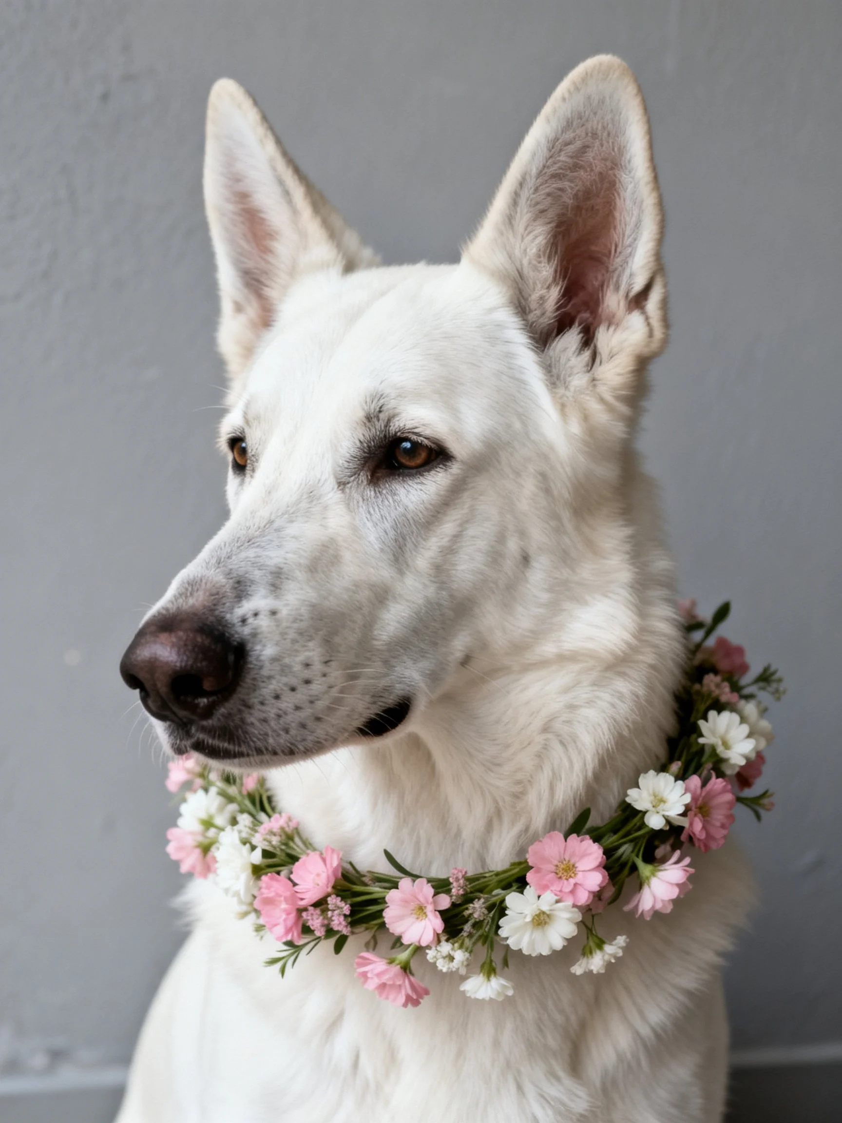 A white dog wears a pink and white flower collar near a plain gray wall.